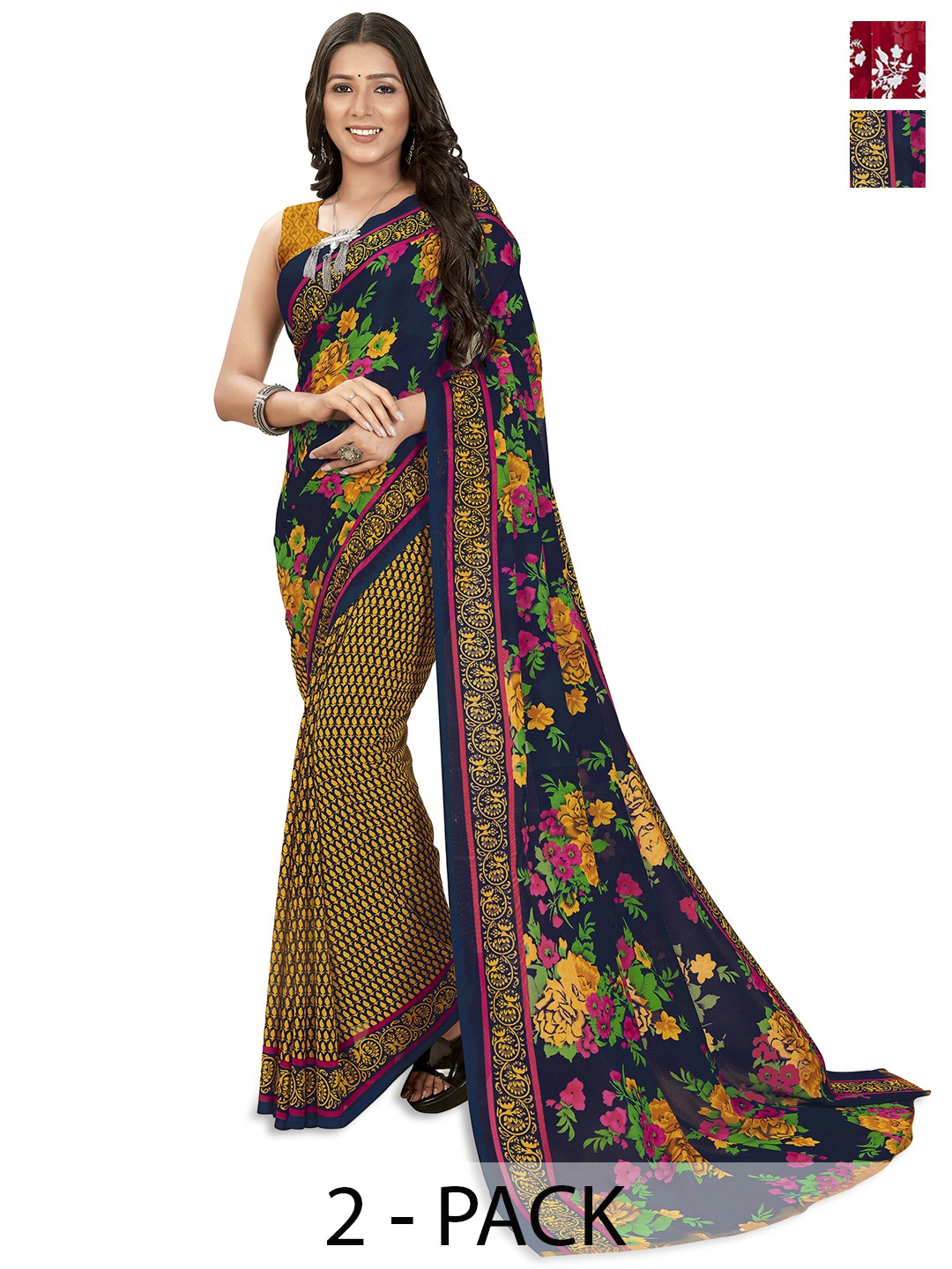 

ANAND SAREES Selection of 2 Floral Printed Saree, Mustard