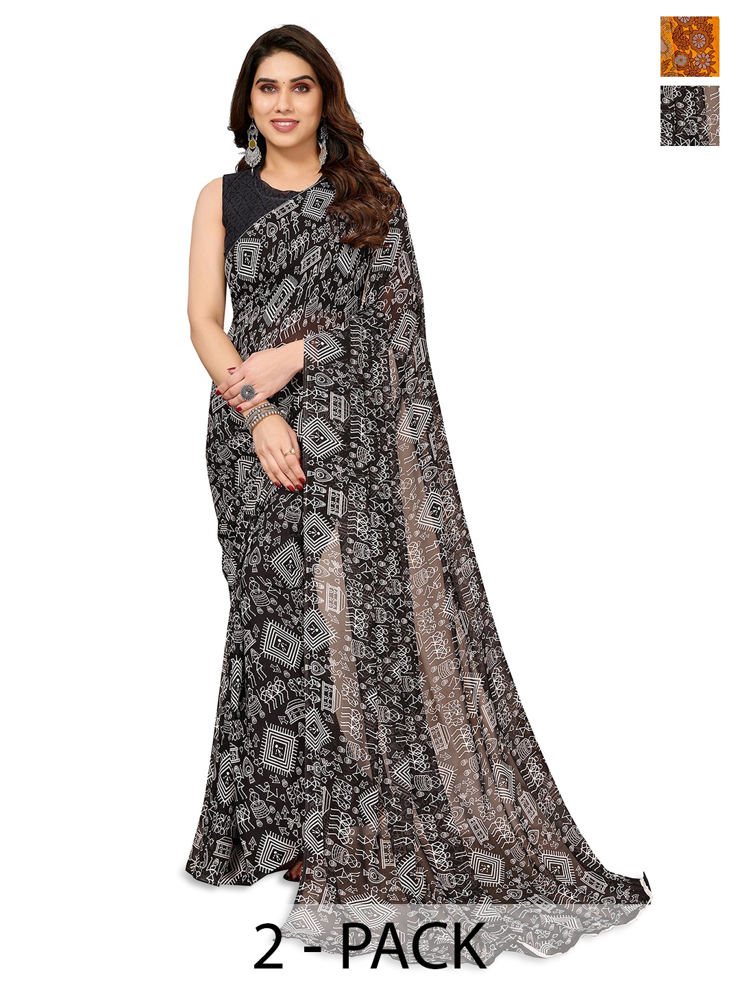 

ANAND SAREES Selection of 2 Warli Printed Saree, Black