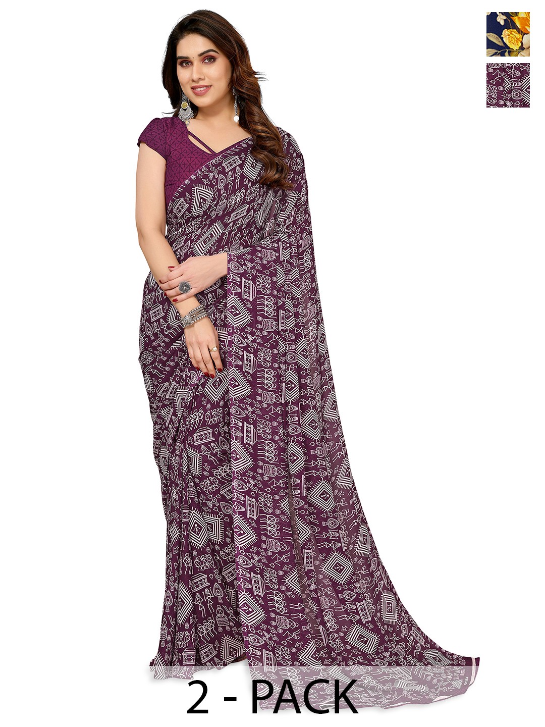 

ANAND SAREES Selection of 2 Floral Printed Saree, Purple