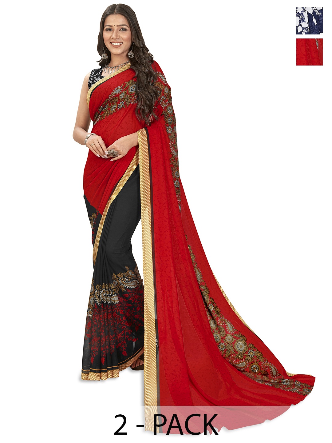 

ANAND SAREES Selection of 2 Floral Printed Saree, Red
