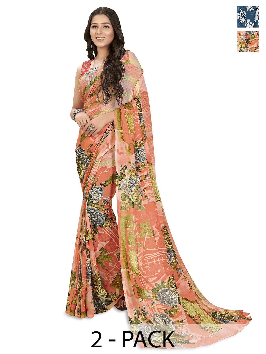 ANAND SAREES Selection of 2 Floral Printed Saree, Orange