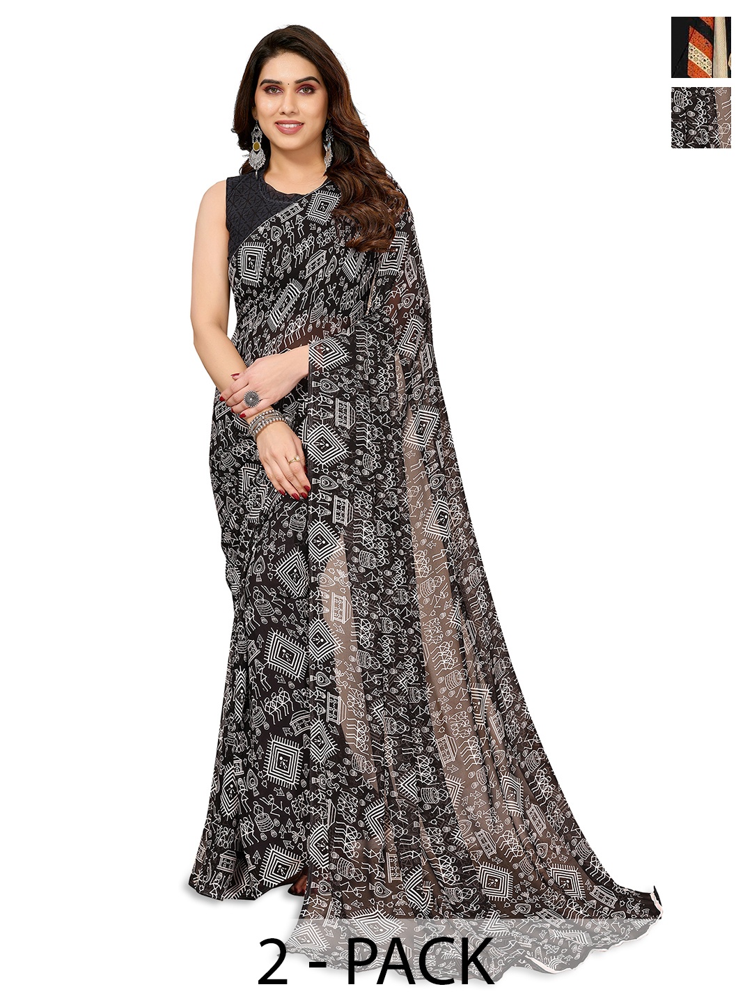 

ANAND SAREES Selection of 2 Ethnic Motifs Printed Saree, Black