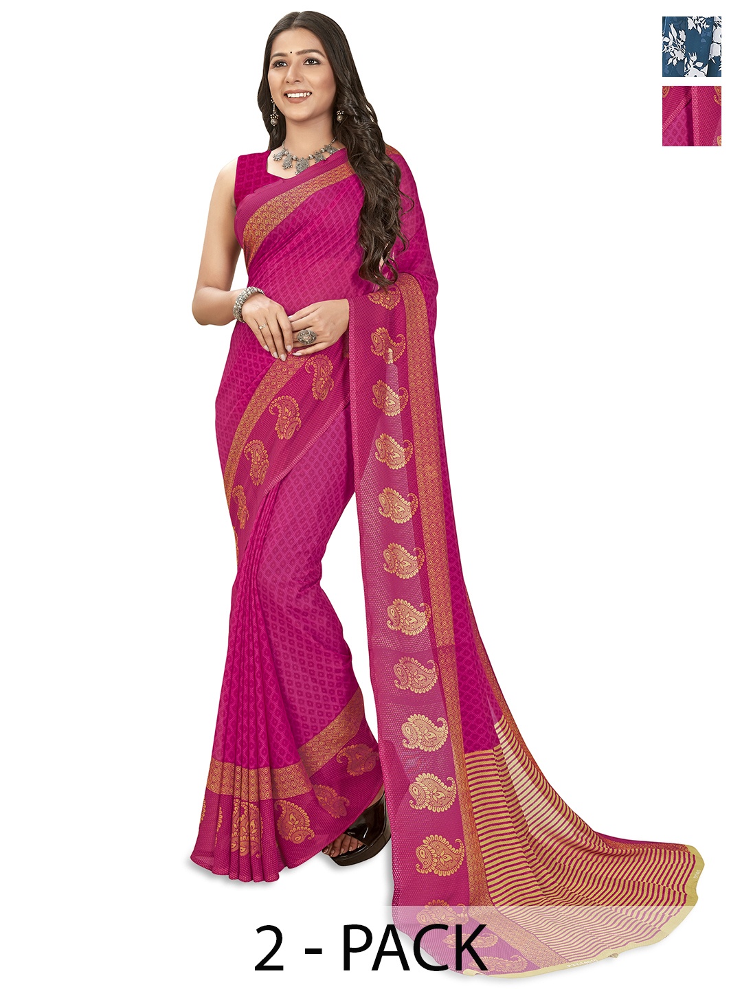 ANAND SAREES Selection of 2 Floral Printed Saree, Blue