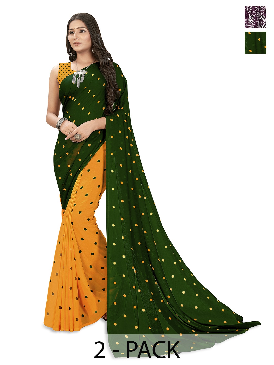 

ANAND SAREES Selection of 2 Polka Dot Printed Saree, Green