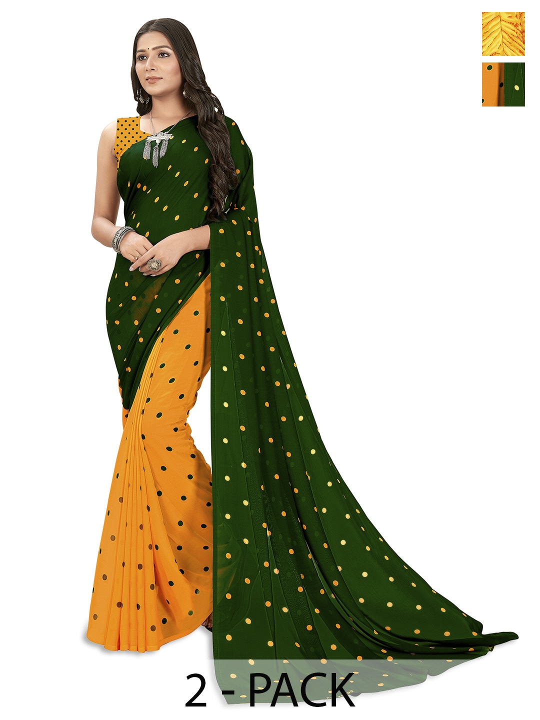 

ANAND SAREES Selection of 2 Polka Dot Printed Saree, Yellow