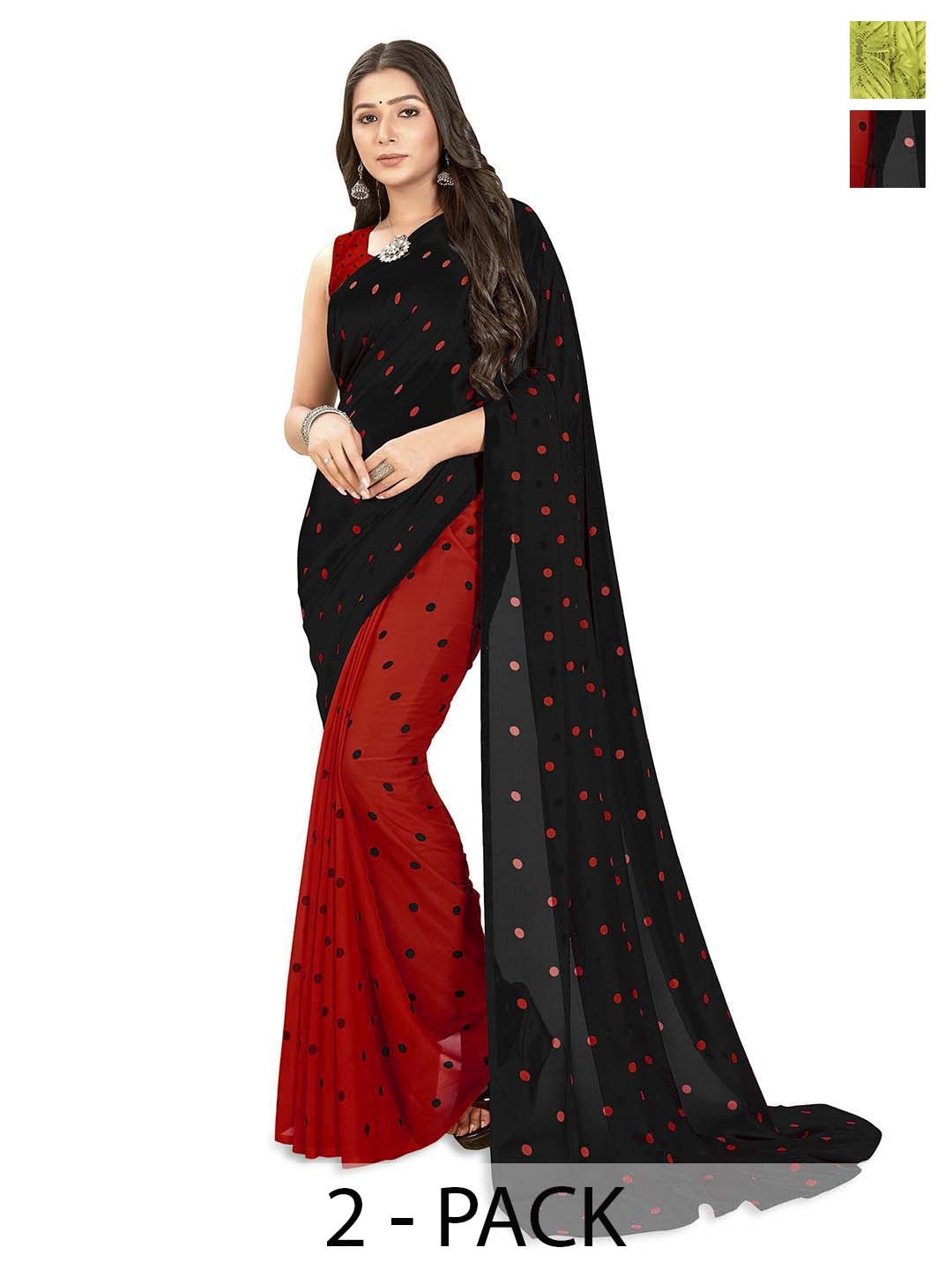 

ANAND SAREES Selection of 2 Polka Dot Printed Saree, Black