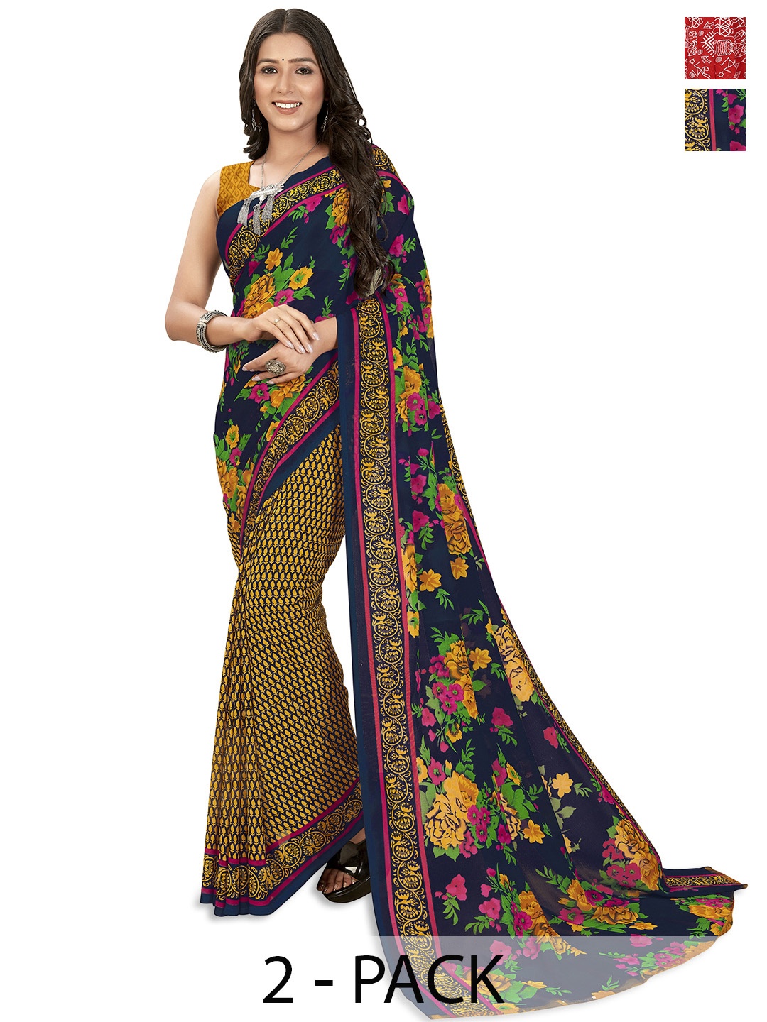 

ANAND SAREES Selection of 2 Floral Printed Saree, Red