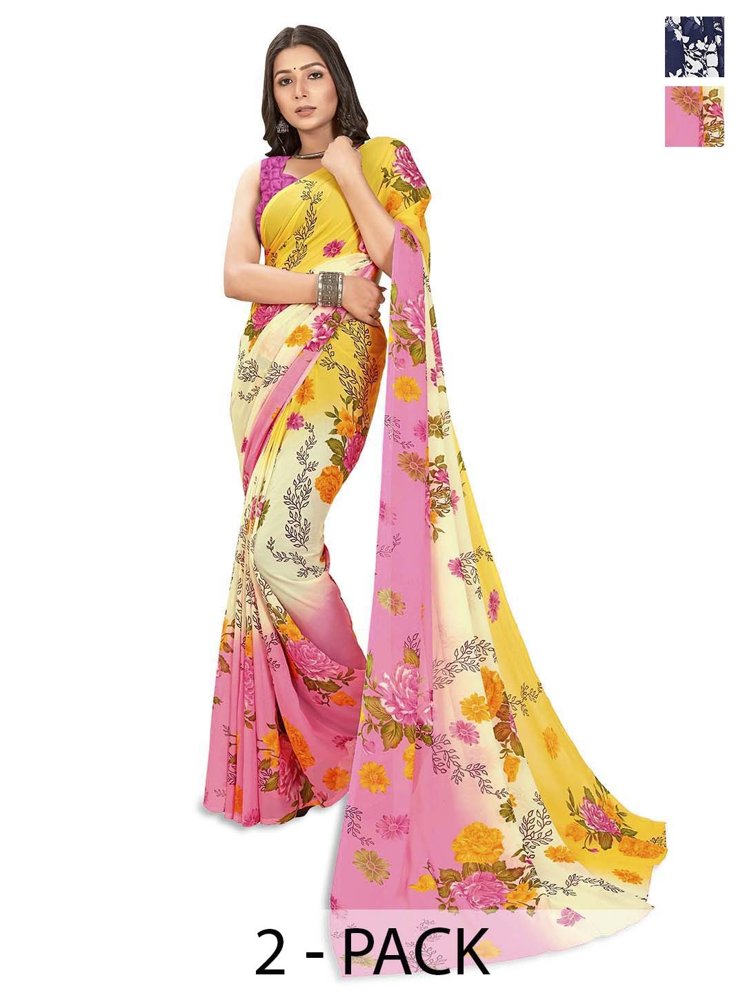 

ANAND SAREES Selection of 2 Floral Printed Saree, Blue