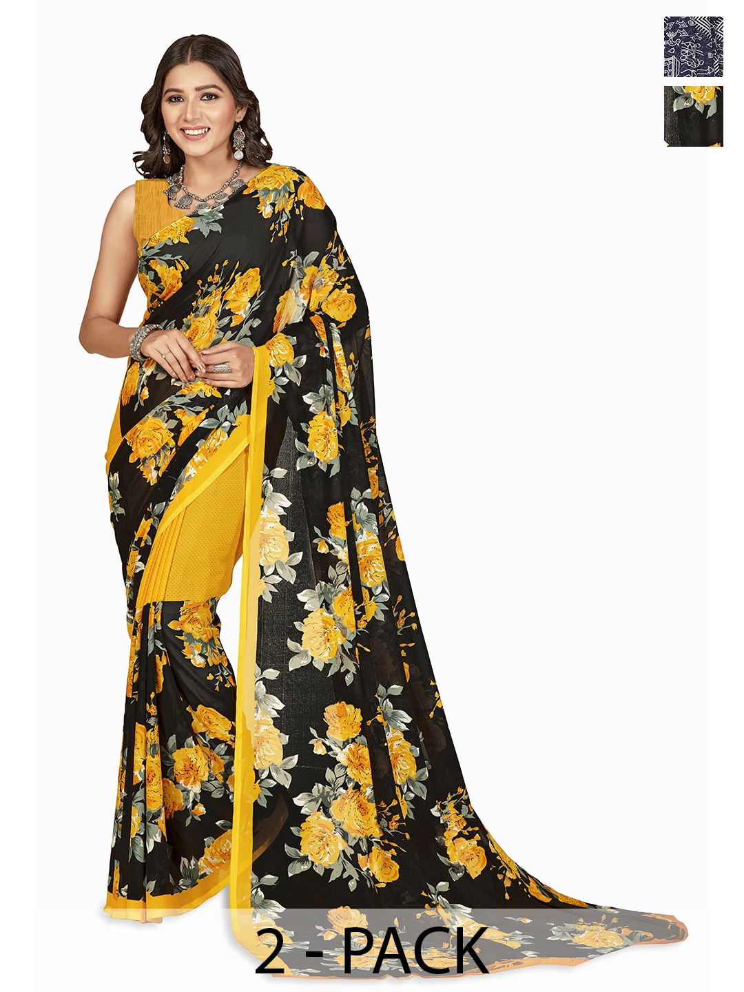

ANAND SAREES Selection of 2 Floral Printed Saree, Yellow