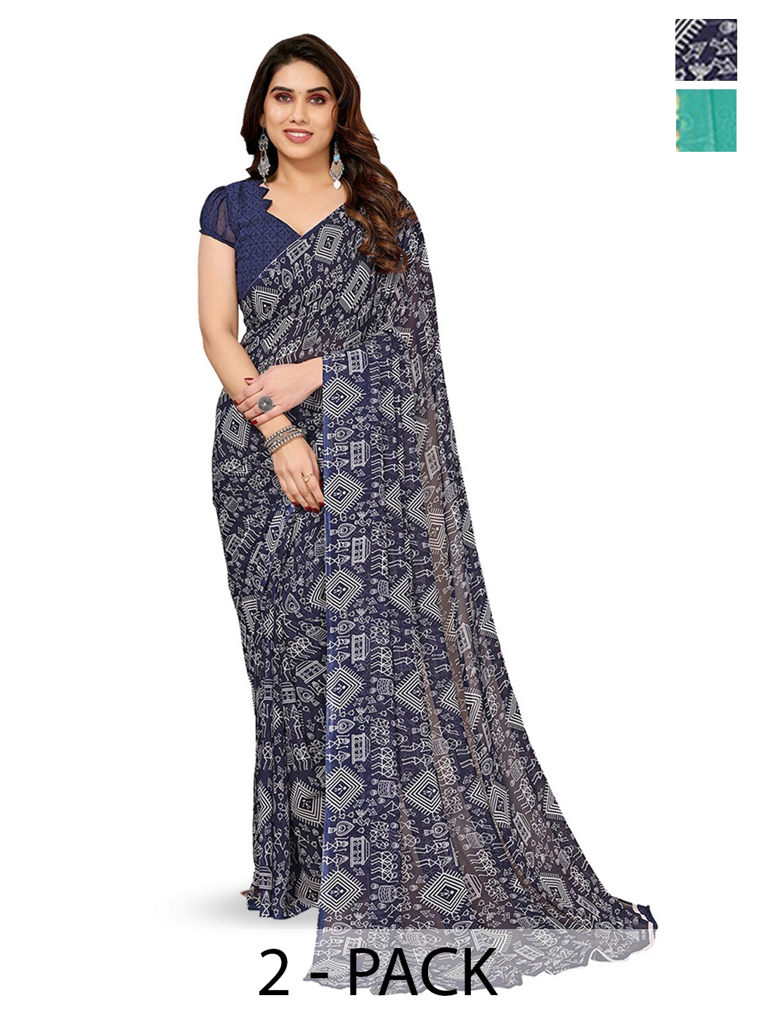 

ANAND SAREES Selection Of 2 Ethnic Motifs Poly Georgette Saree, Blue