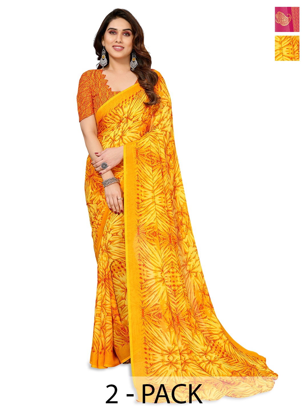 

ANAND SAREES Selection of 2 Floral Printed Saree, Yellow