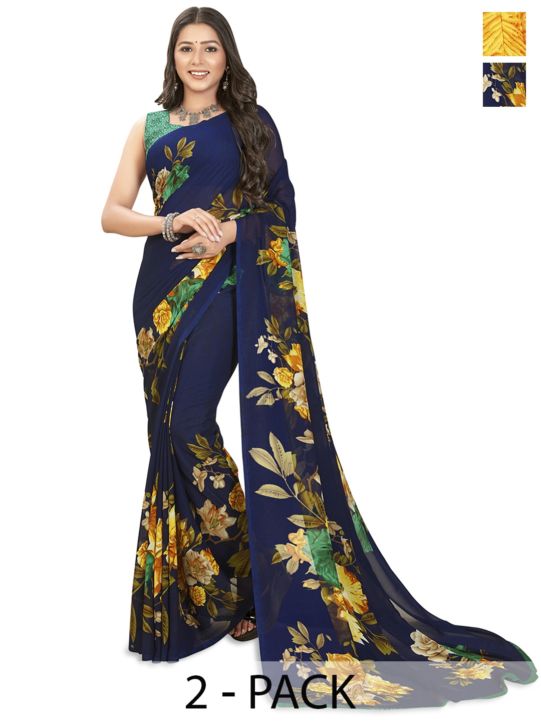ANAND SAREES Selection of 2 Floral Printed Saree, Navy blue