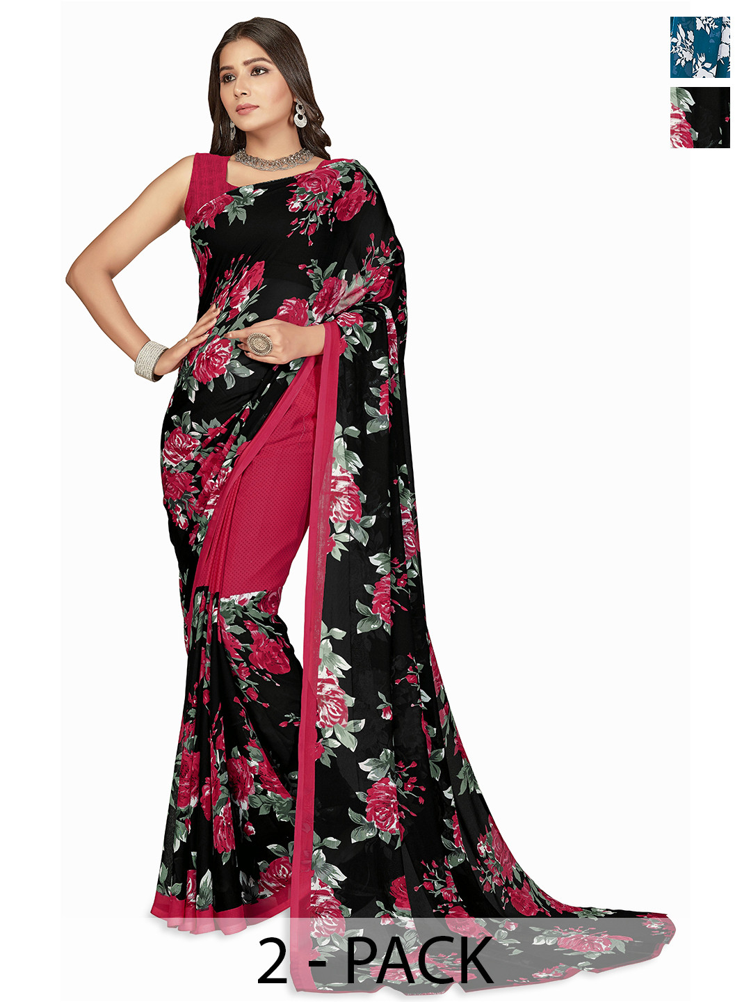 

ANAND SAREES Floral Poly Georgette Saree, Black