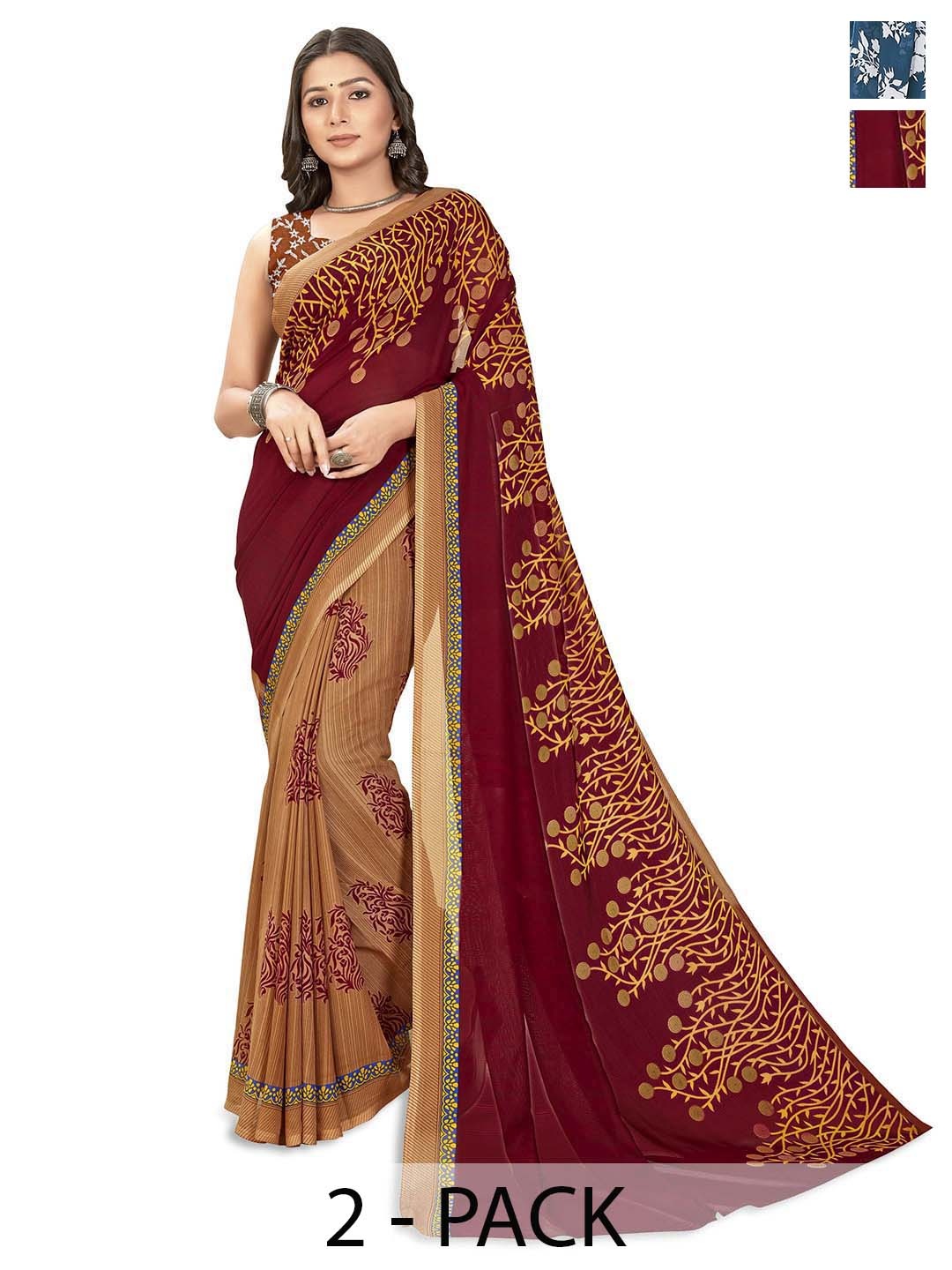 ANAND SAREES Selection of 2 Floral Printed Saree, Blue