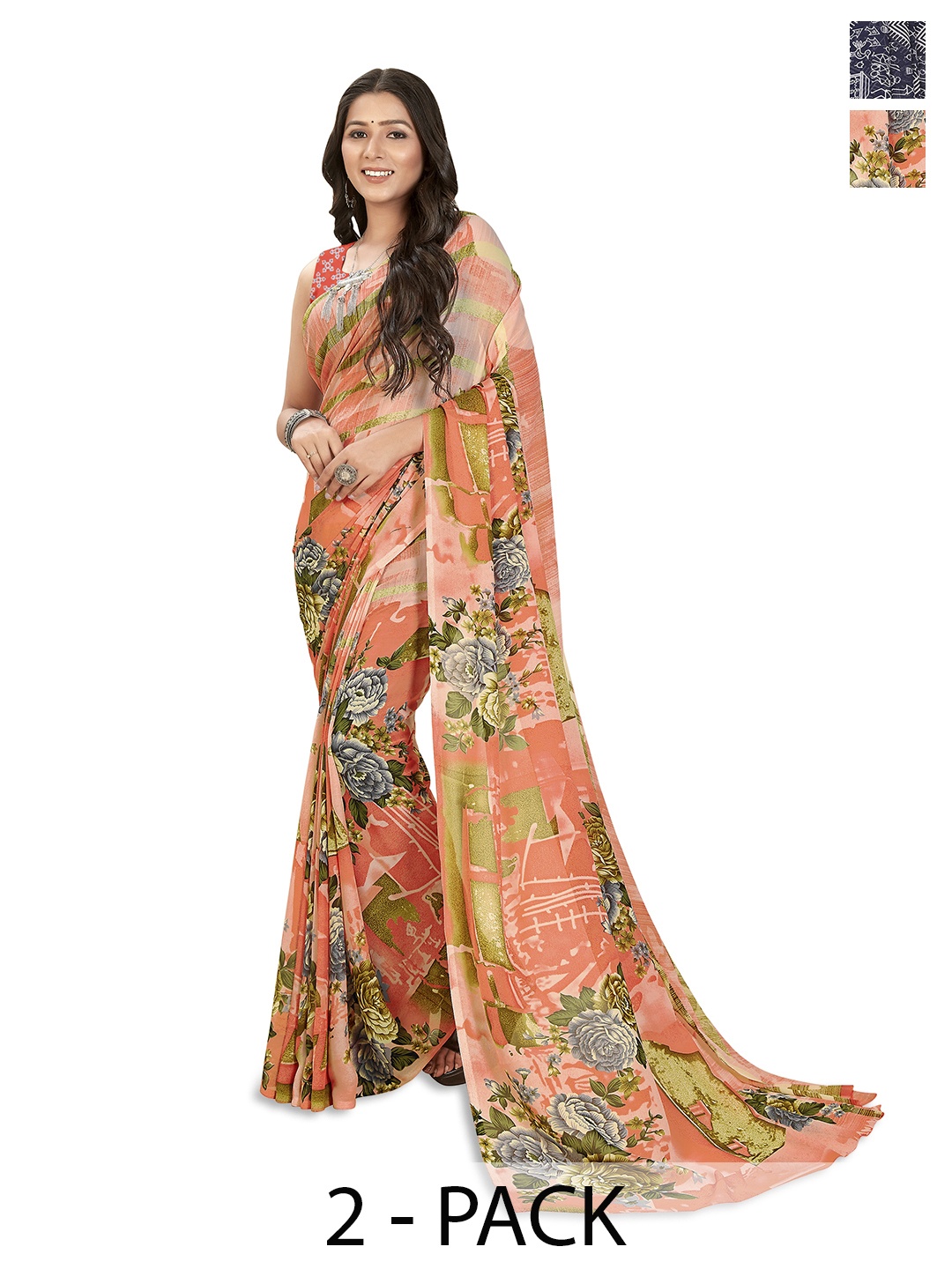 

ANAND SAREES Selection Of 2 Floral Printed Saree, Peach