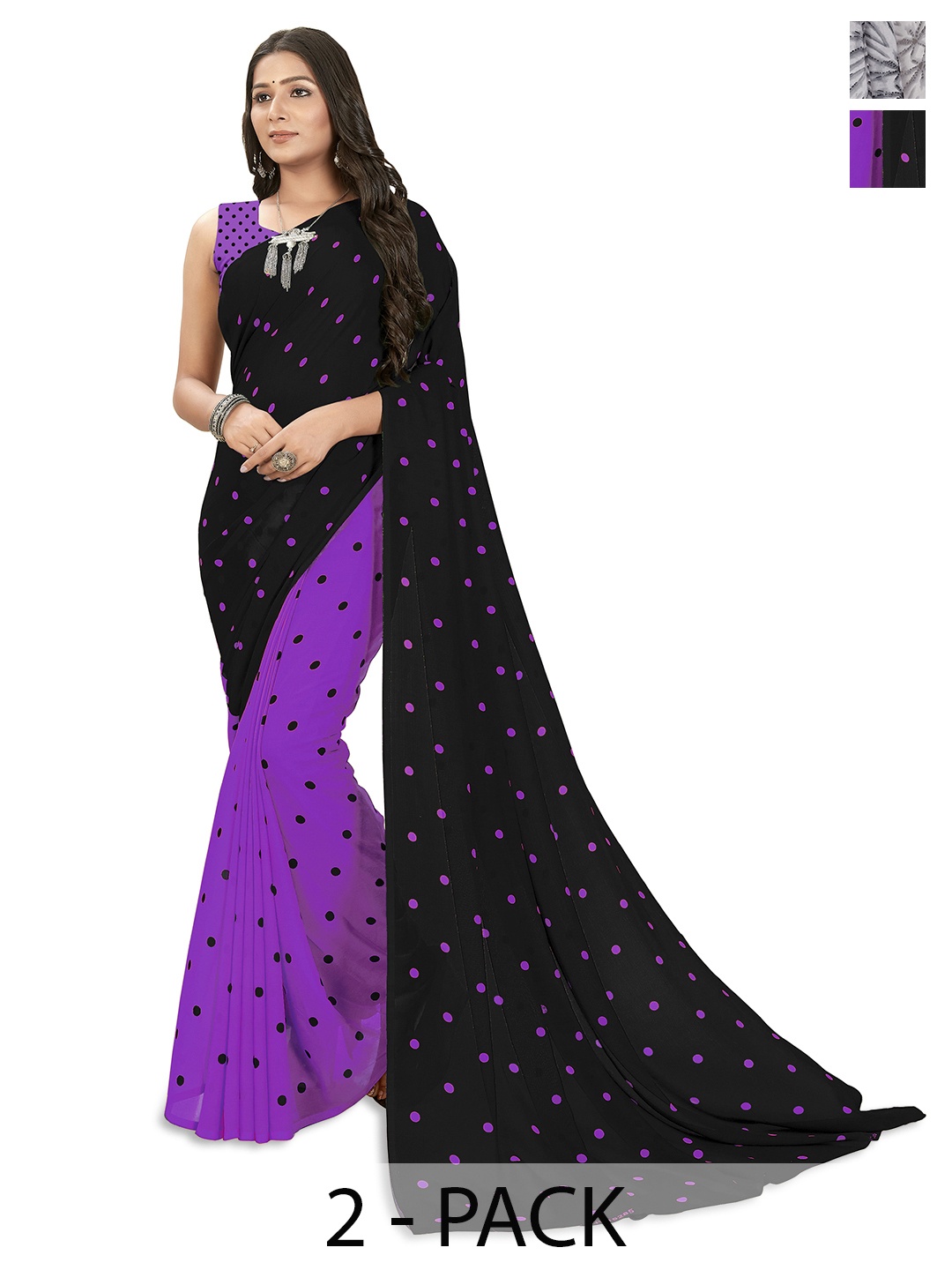 

ANAND SAREES Selection of 2 Polka Dot Printed Saree, Black