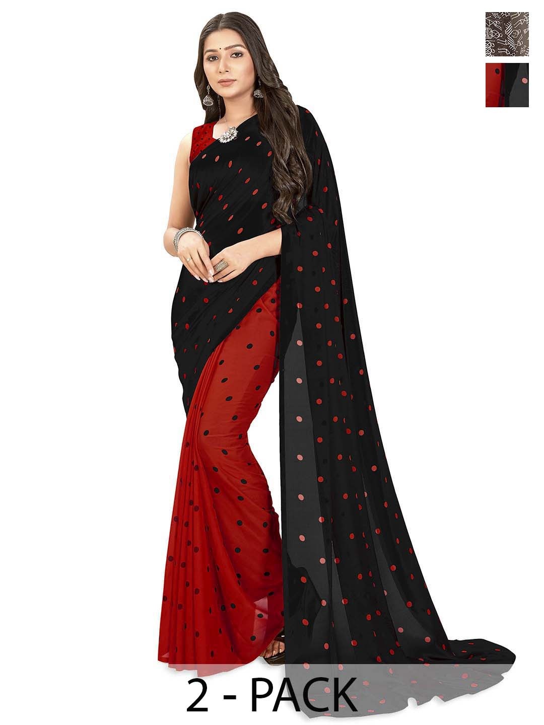 

ANAND SAREES Selection of 2 Polka Dot Printed Saree, Black