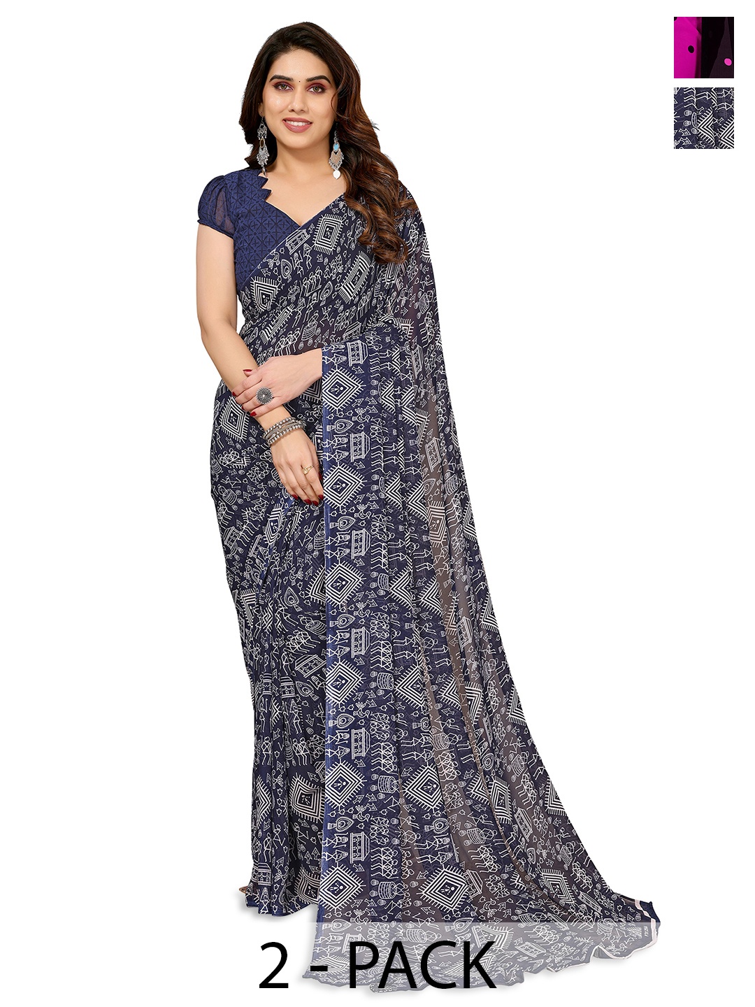 

ANAND SAREES Selection Of 2 Polka Dot Printed Saree, Black