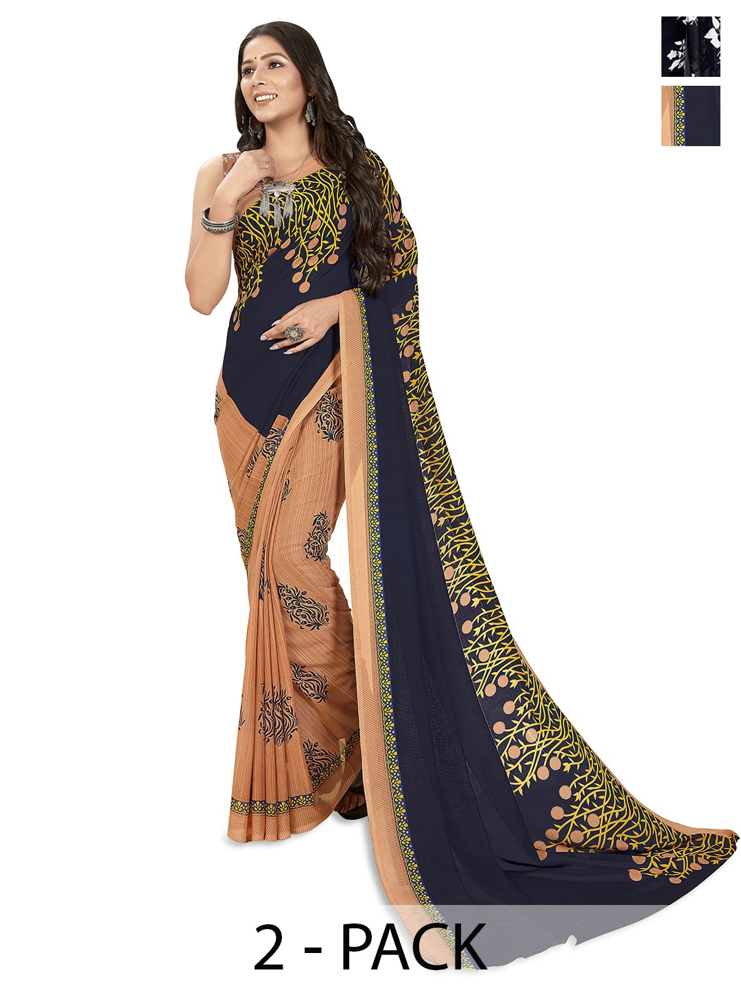 

ANAND SAREES Selection of 2 Floral Printed Saree, Black