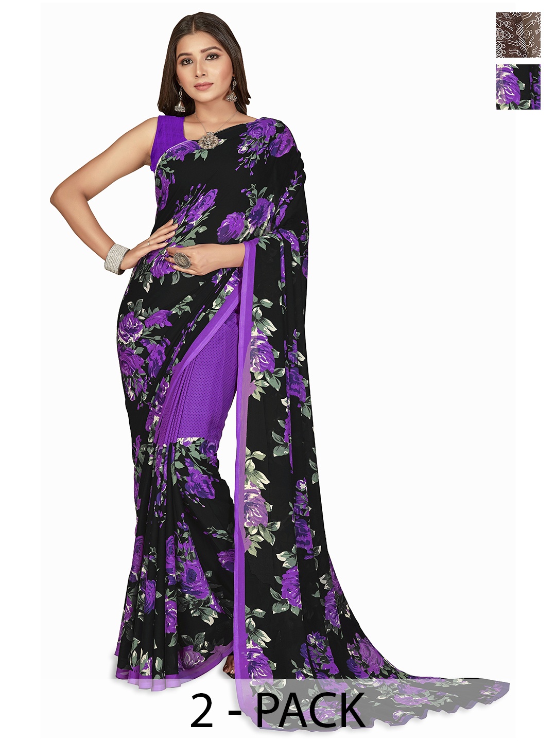 

ANAND SAREES Selection of 2 Floral Printed Saree, Coffee brown