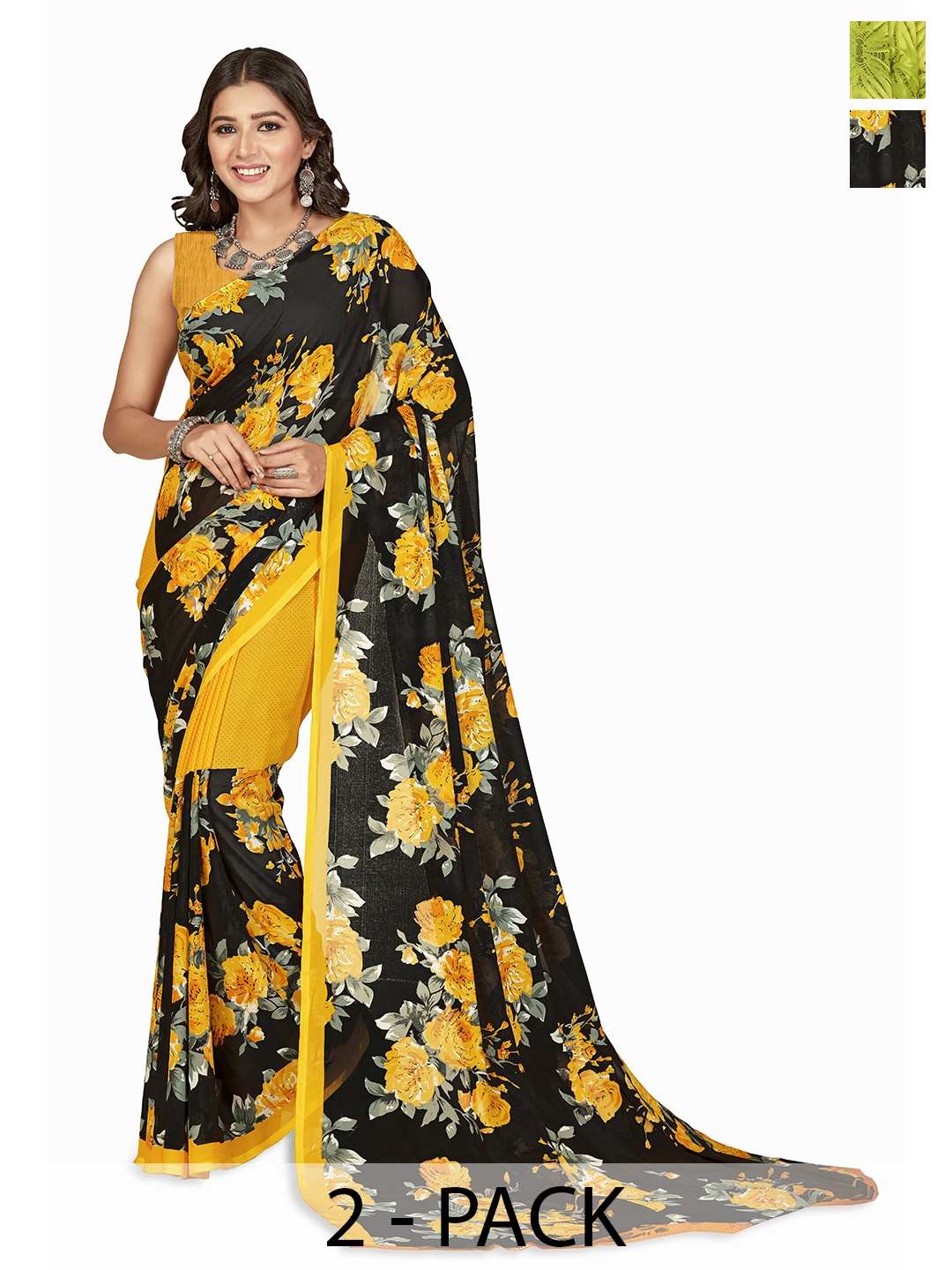 

ANAND SAREES Selection of 2 Floral Printed Saree, Black