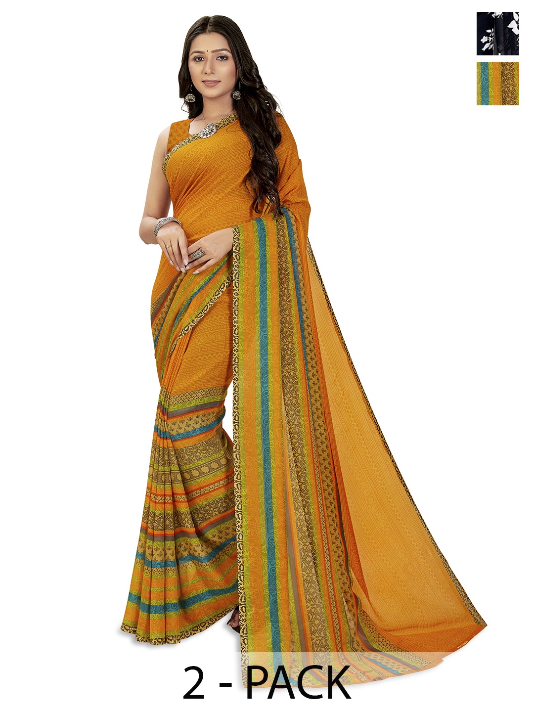 

ANAND SAREES Pack Of 2 Floral Saree, Mustard