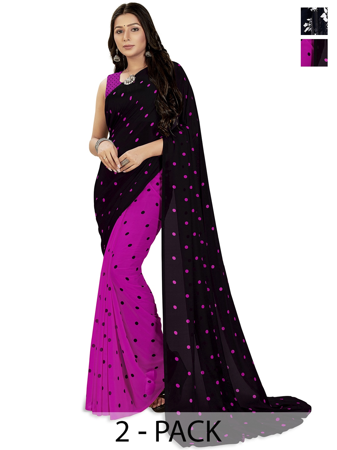 

ANAND SAREES Selection of 2 Floral Printed Saree, Black