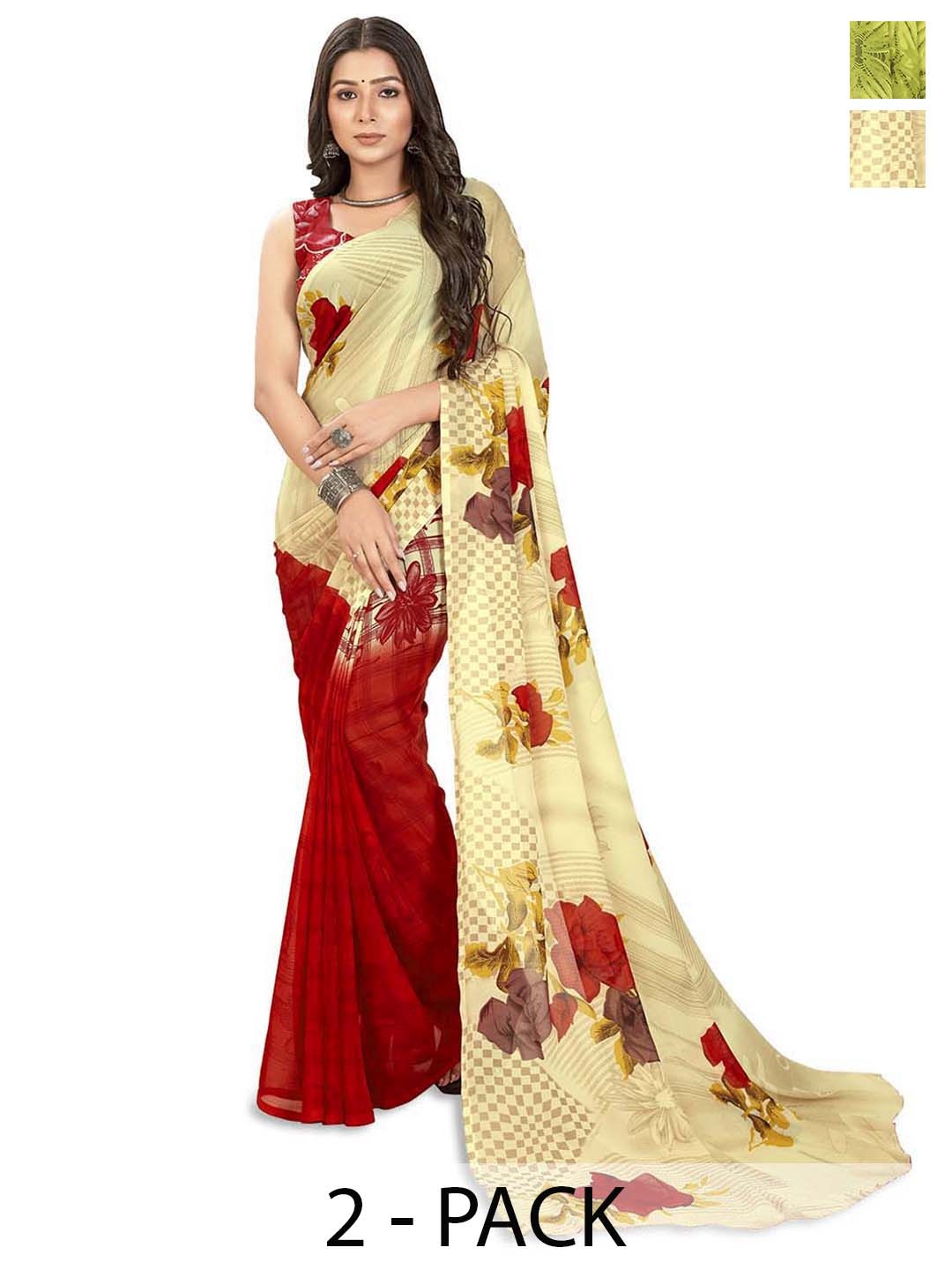 

ANAND SAREES Selection of 2 Floral Printed Saree, Beige