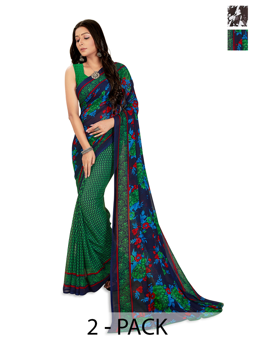 

ANAND SAREES Selection of 2 Floral Printed Saree, Green