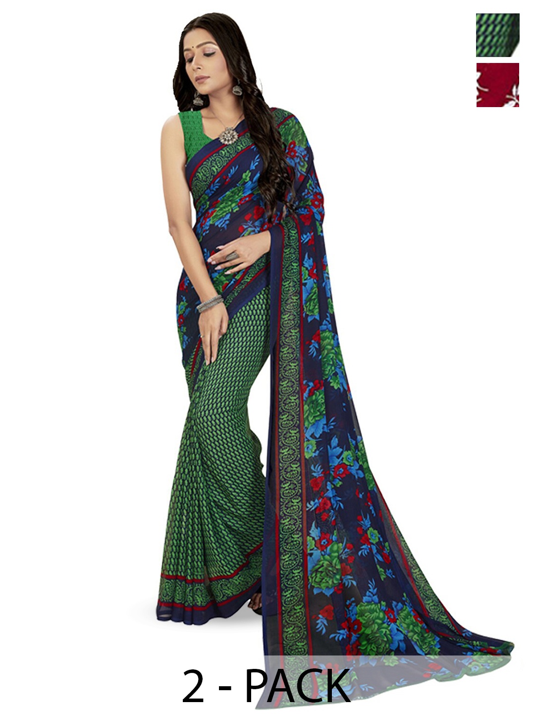 

ANAND SAREES Floral Printed Half and Half Saree, Red