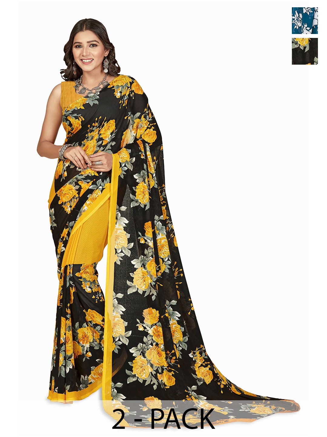 ANAND SAREES Selection of 2 Floral Printed Saree, Yellow