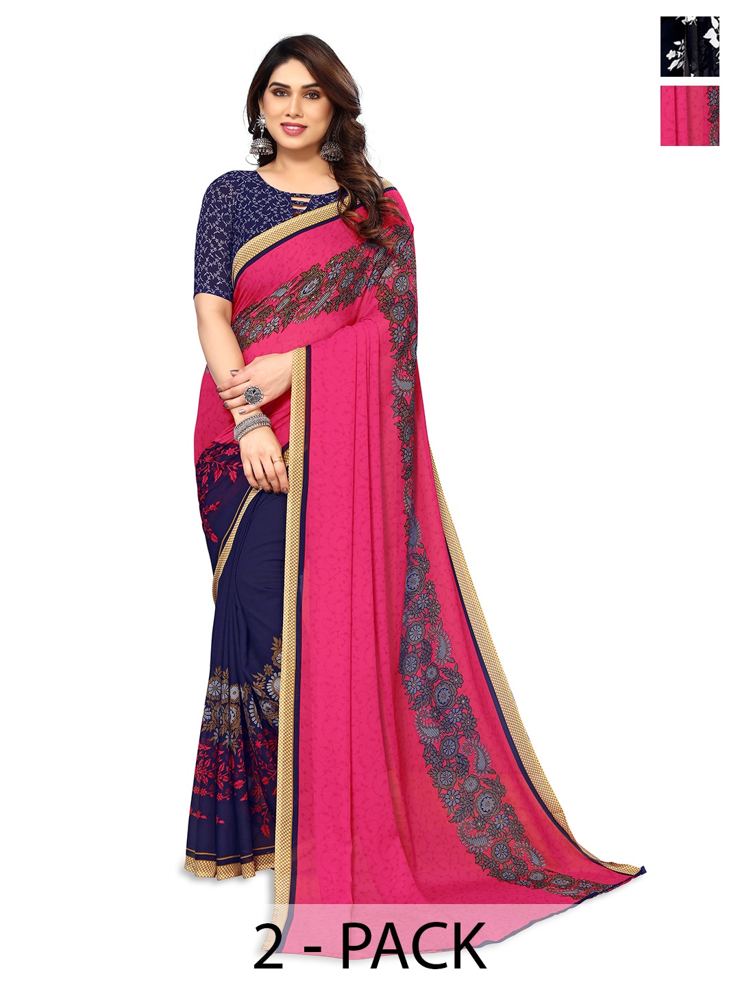 

ANAND SAREES Selection of 2 Floral Printed Saree, Black