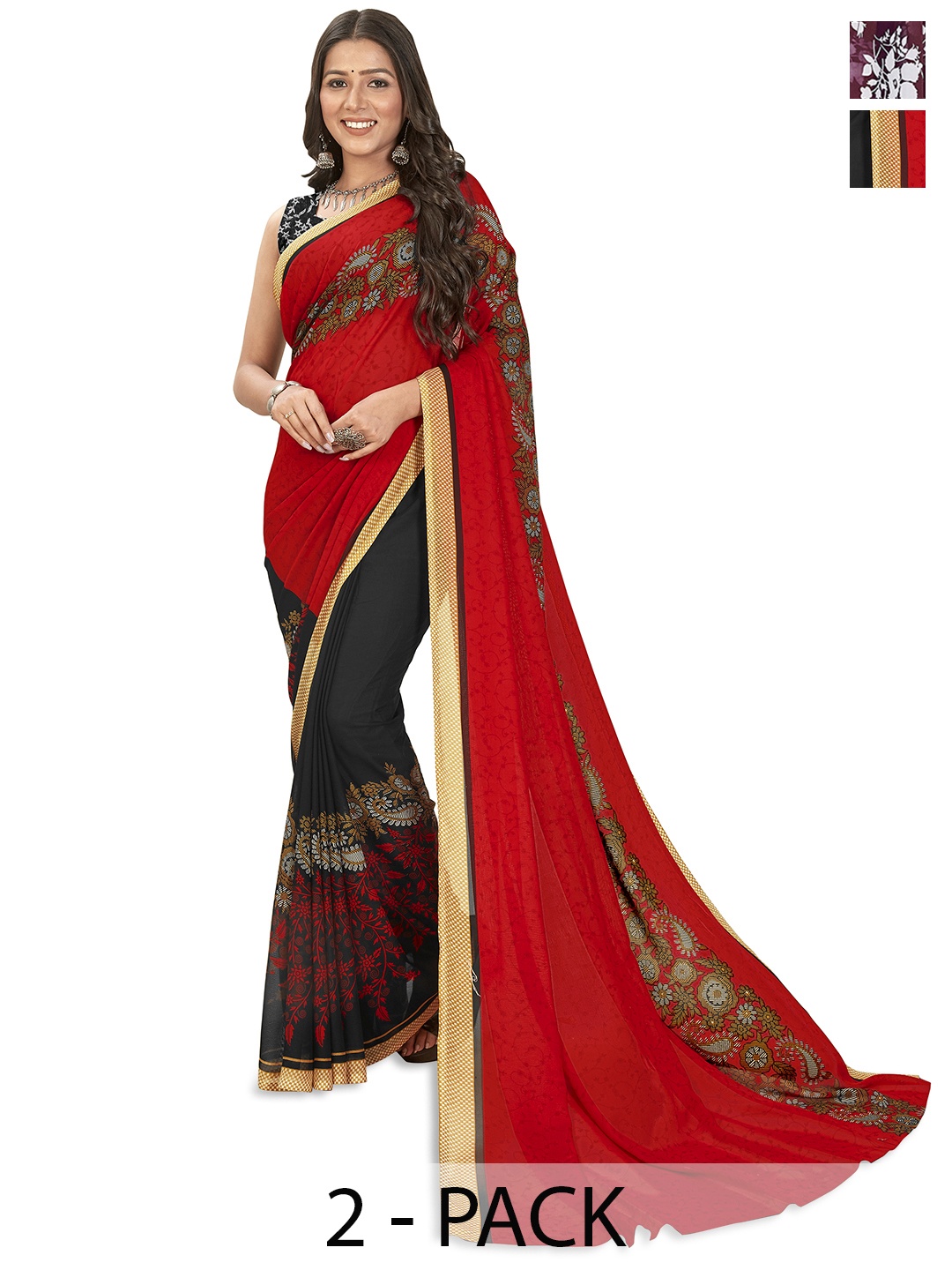 

ANAND SAREES Selection of 2 Floral Printed Saree, Maroon