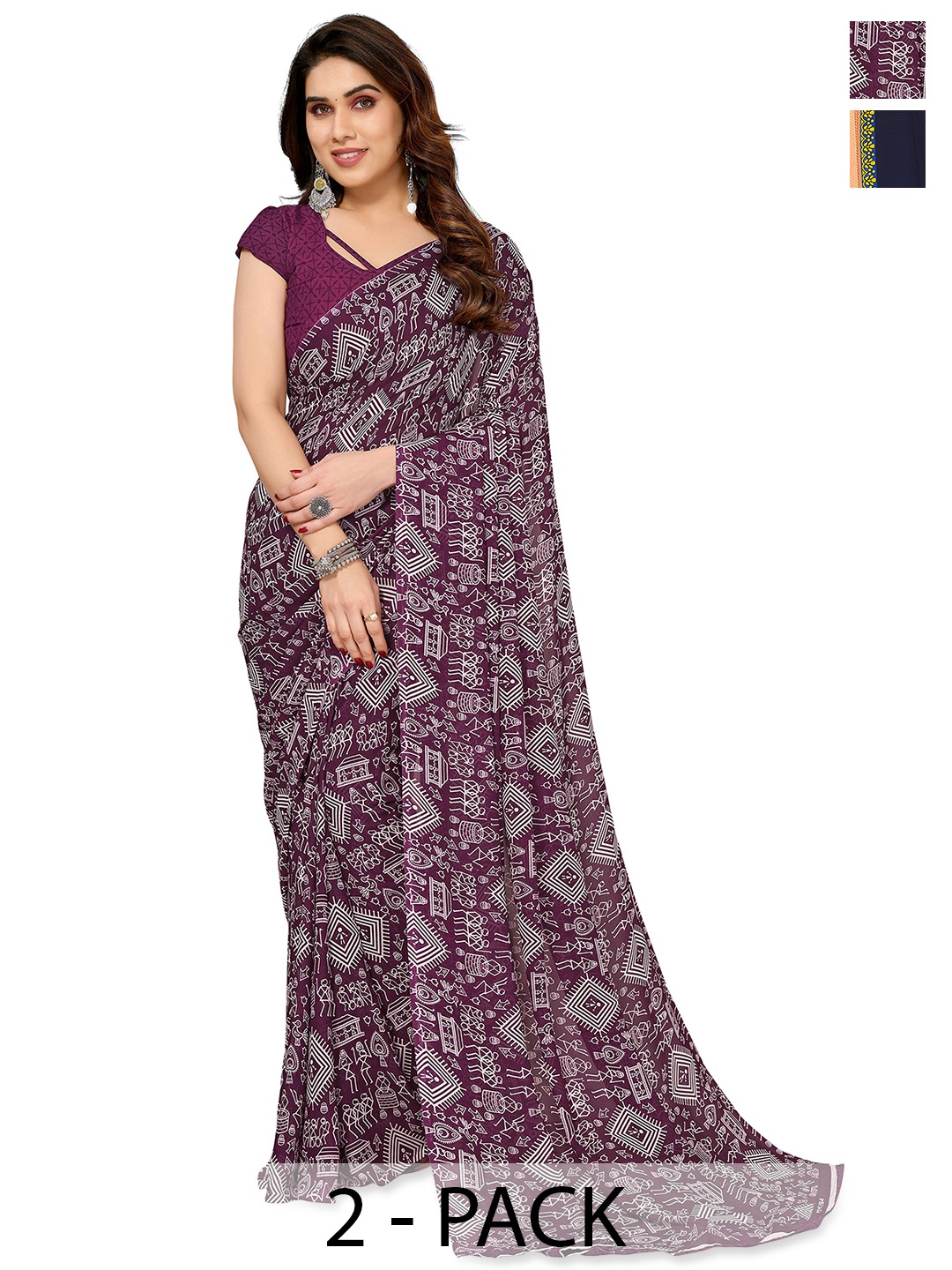 

ANAND SAREES Selection of 2 Warli Printed Saree, Purple