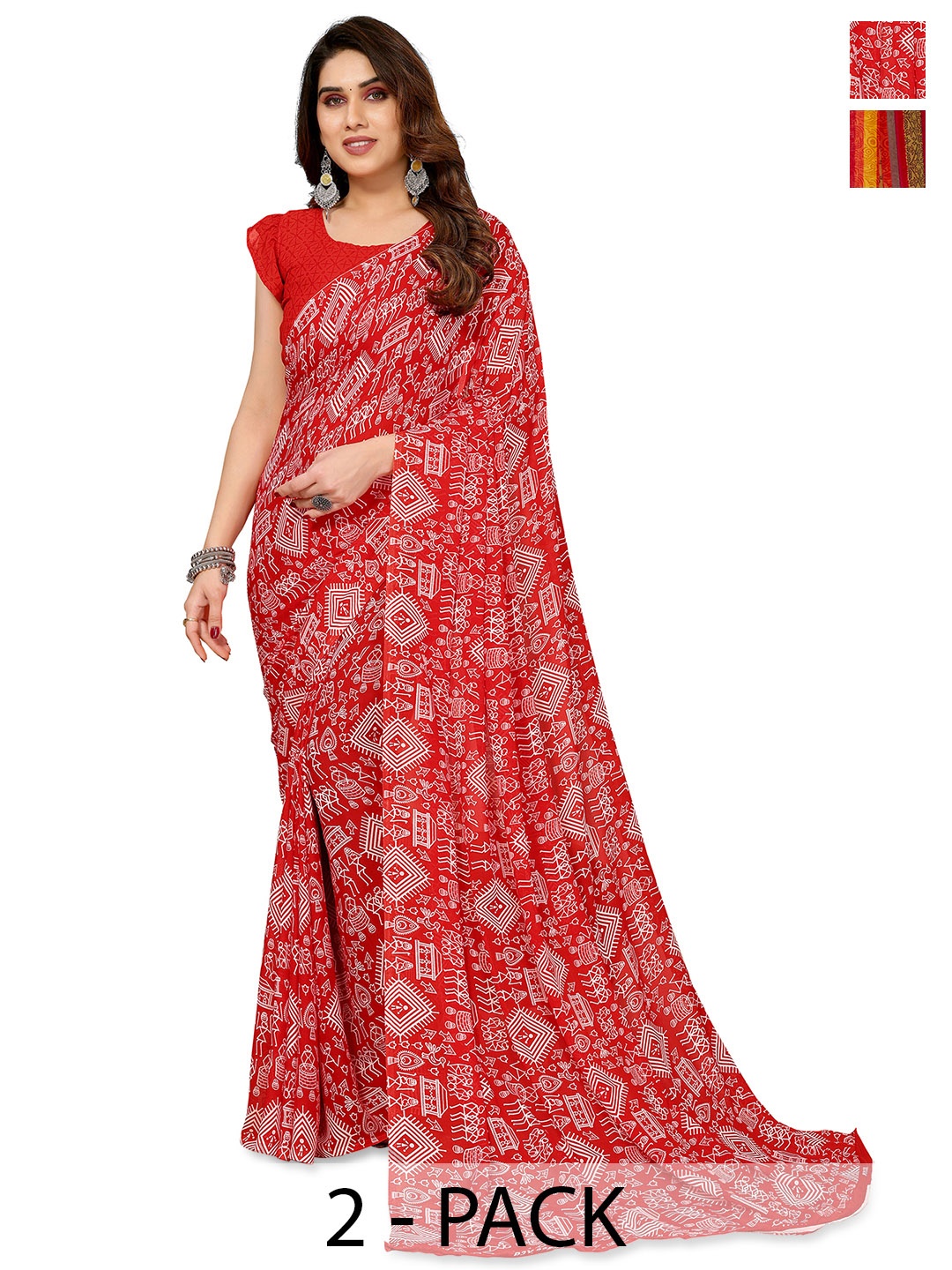 

ANAND SAREES Selection of 2 Warli Printed Saree, Red