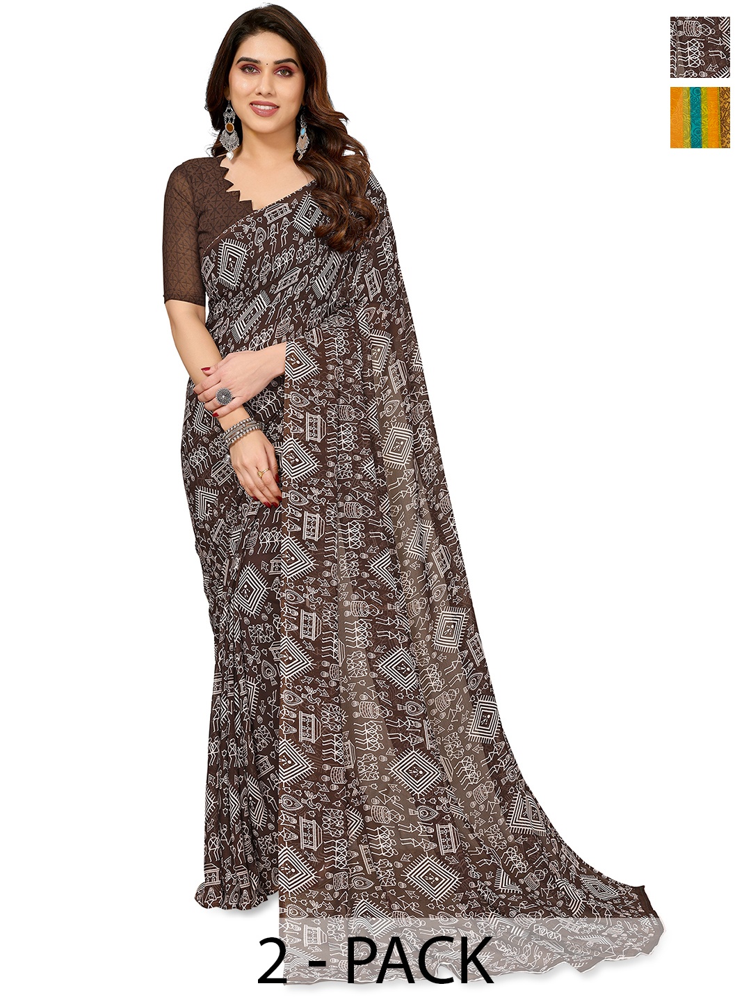 

ANAND SAREES Selection of 2 Warli Printed Saree, Brown