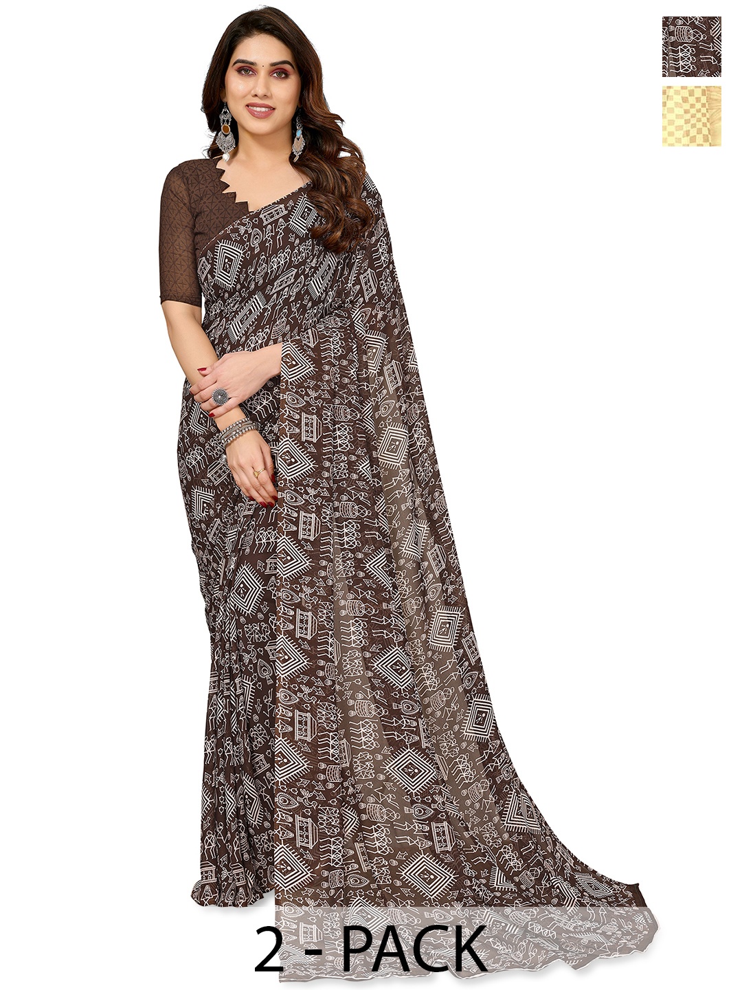 

ANAND SAREES Selection of 2 Floral Printed Saree, Brown