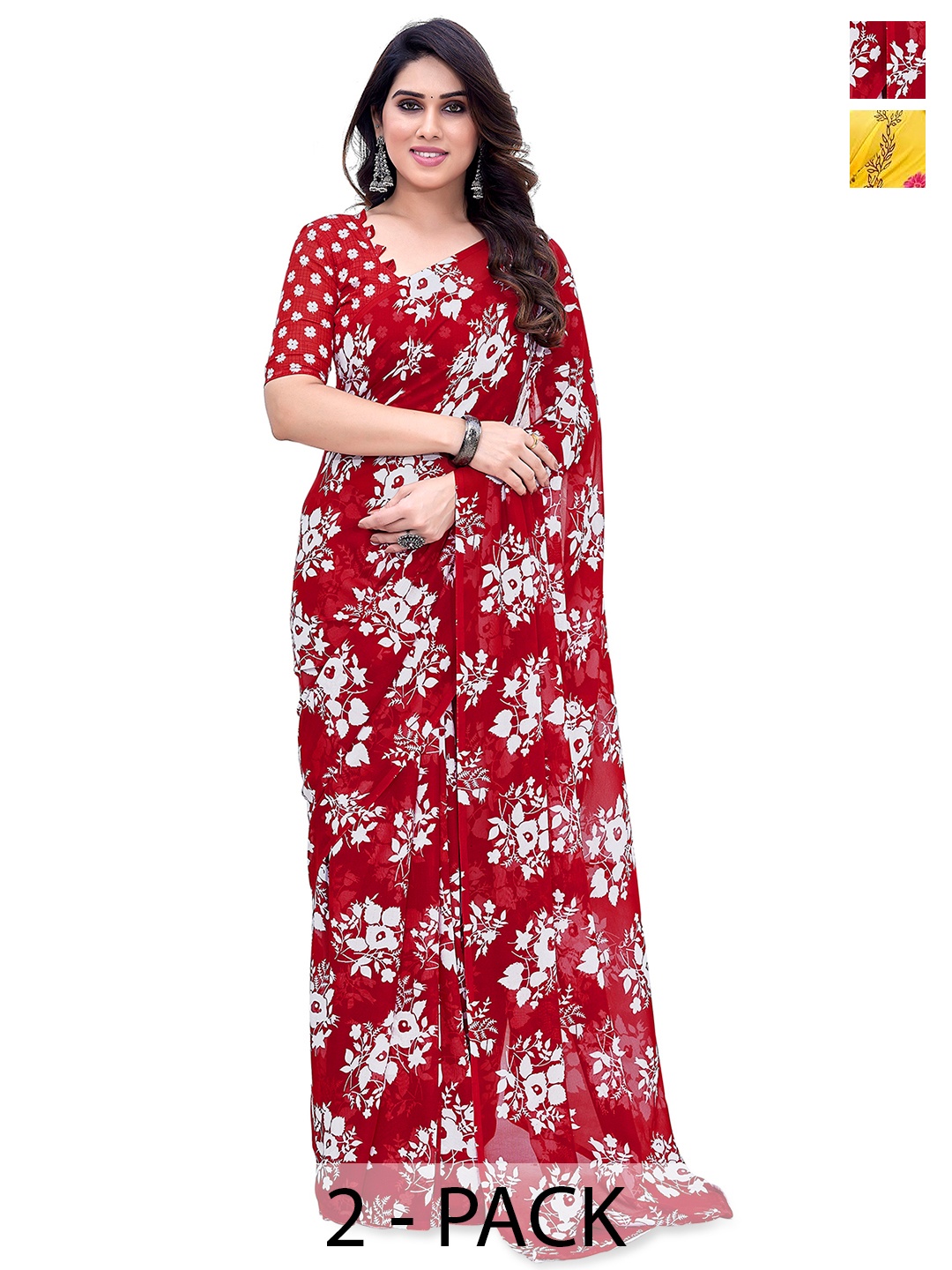 

ANAND SAREES Selection of 2 Floral Printed Saree, Red