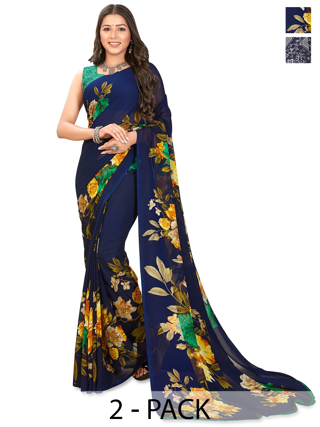 

ANAND SAREES Selection of 2 Floral Printed Saree, Navy blue
