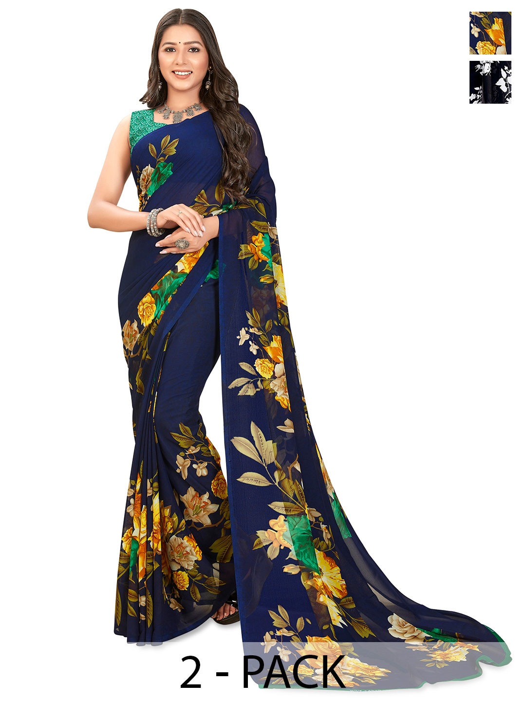 ANAND SAREES Selection of 2 Floral Printed Saree, Black