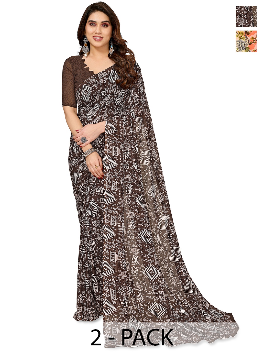 

ANAND SAREES Selection of 2 Warli Printed Saree, Peach