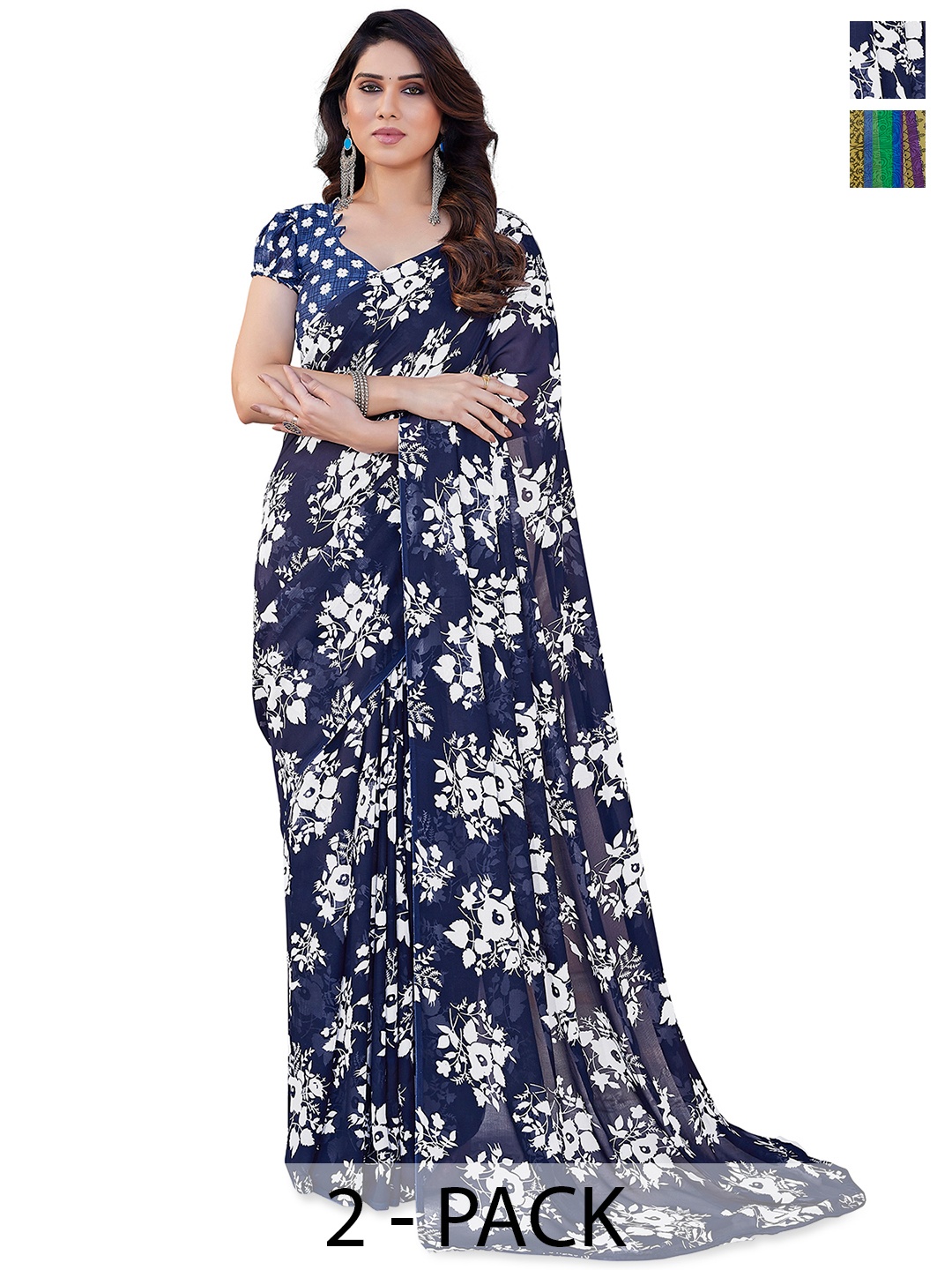 

ANAND SAREES Selection of 2 Floral Printed Saree, Green