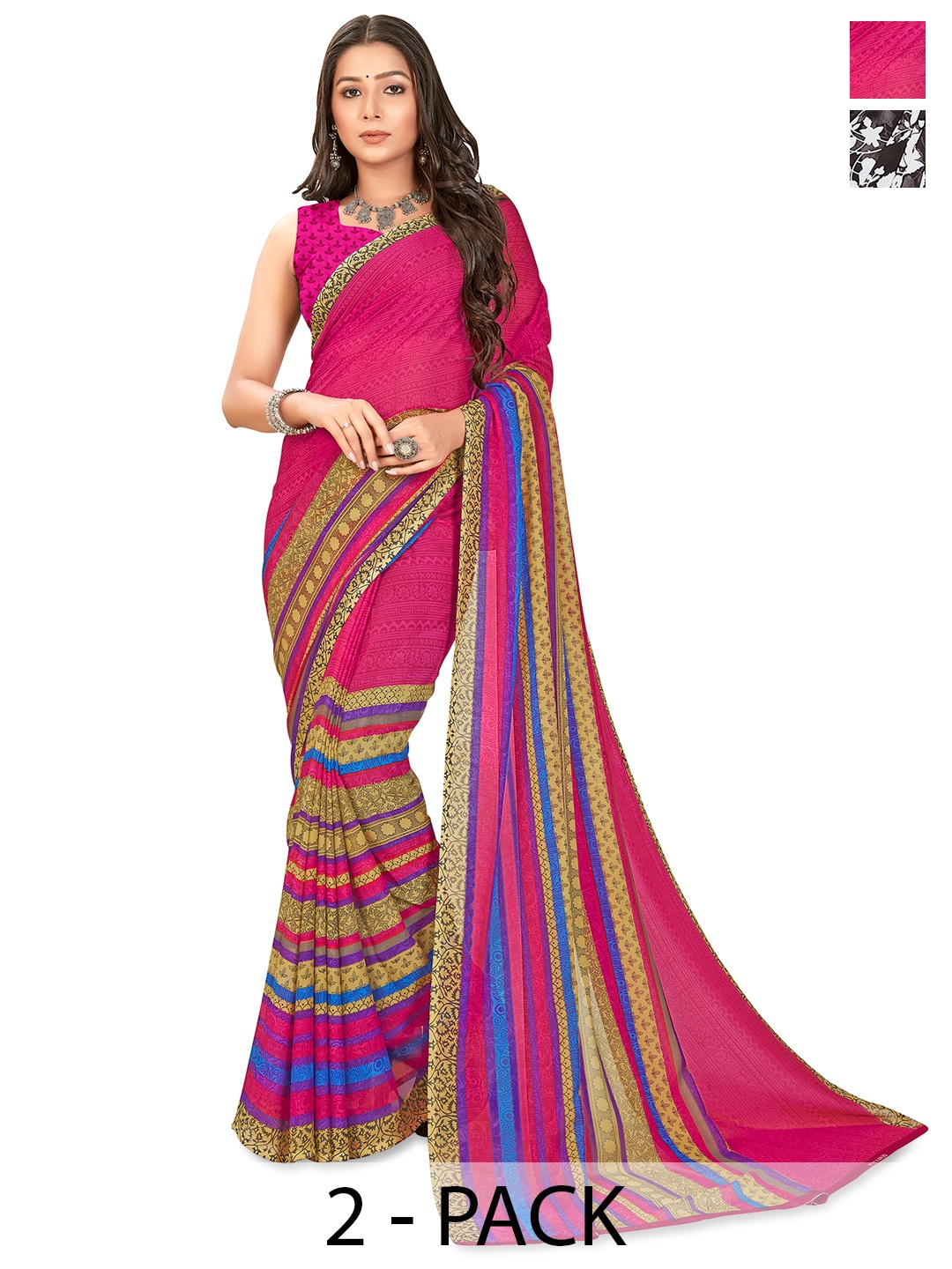 

ANAND SAREES Selection of 2 Floral Printed Saree, Brown
