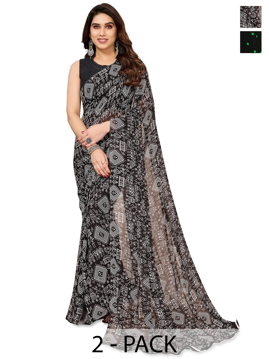 

ANAND SAREES Polka Dot 2-Pack Half and Half Saree, Black