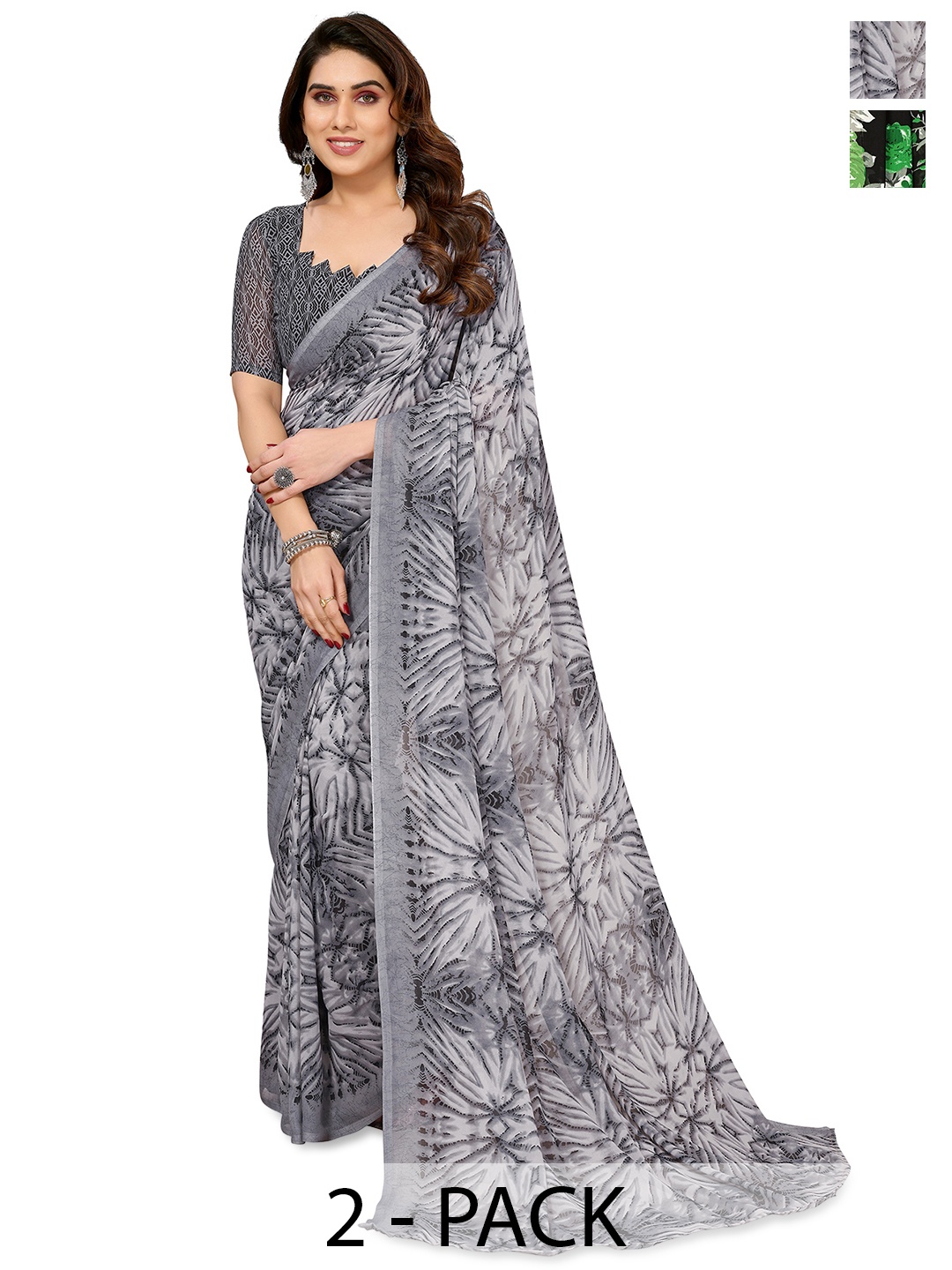 

ANAND SAREES Abstract Printed 2-Pack Saree, Grey