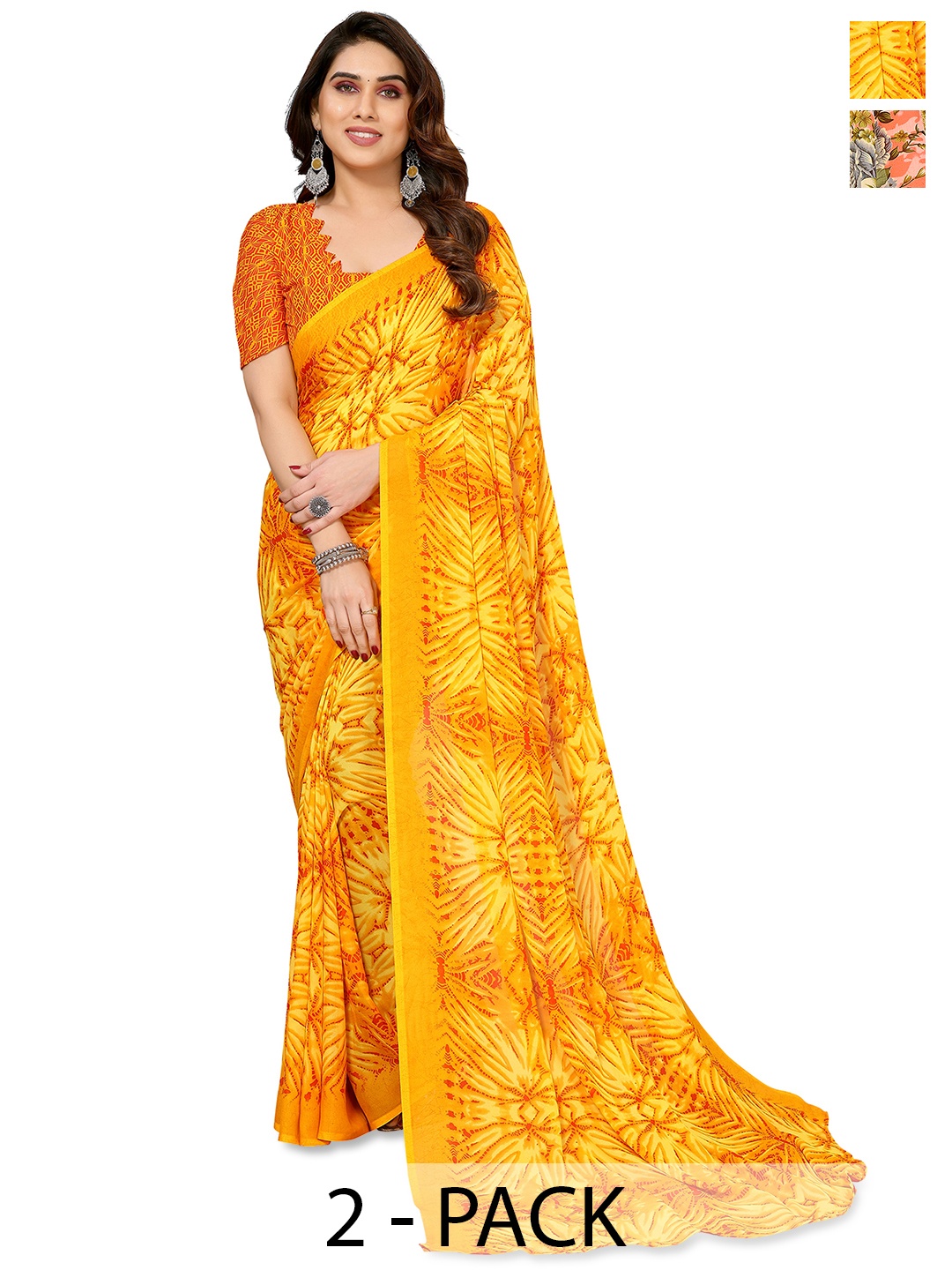 ANAND SAREES Selection of 2 Floral Printed Saree, Yellow