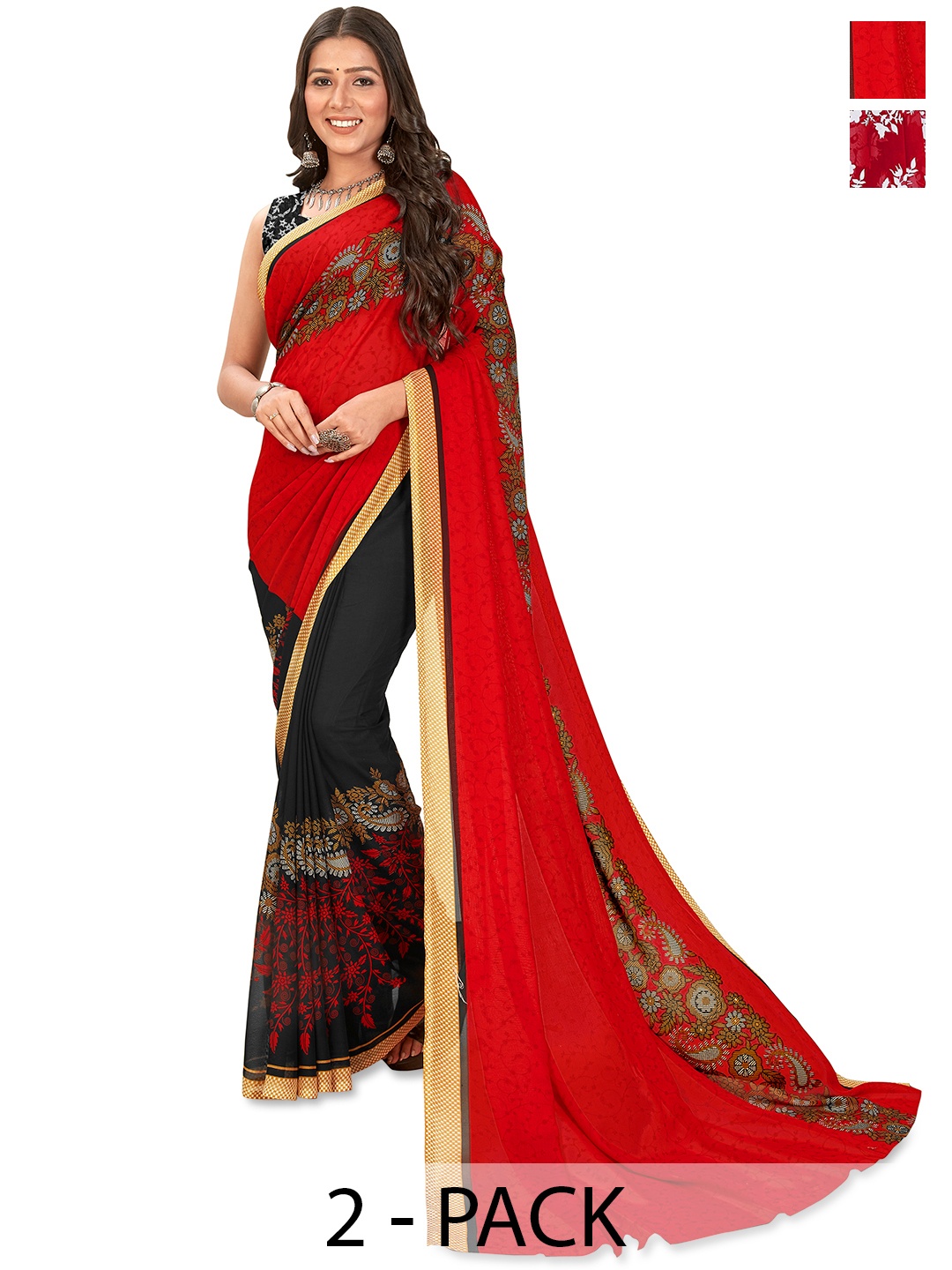 

ANAND SAREES Floral Printed 2-Pack Saree, Red