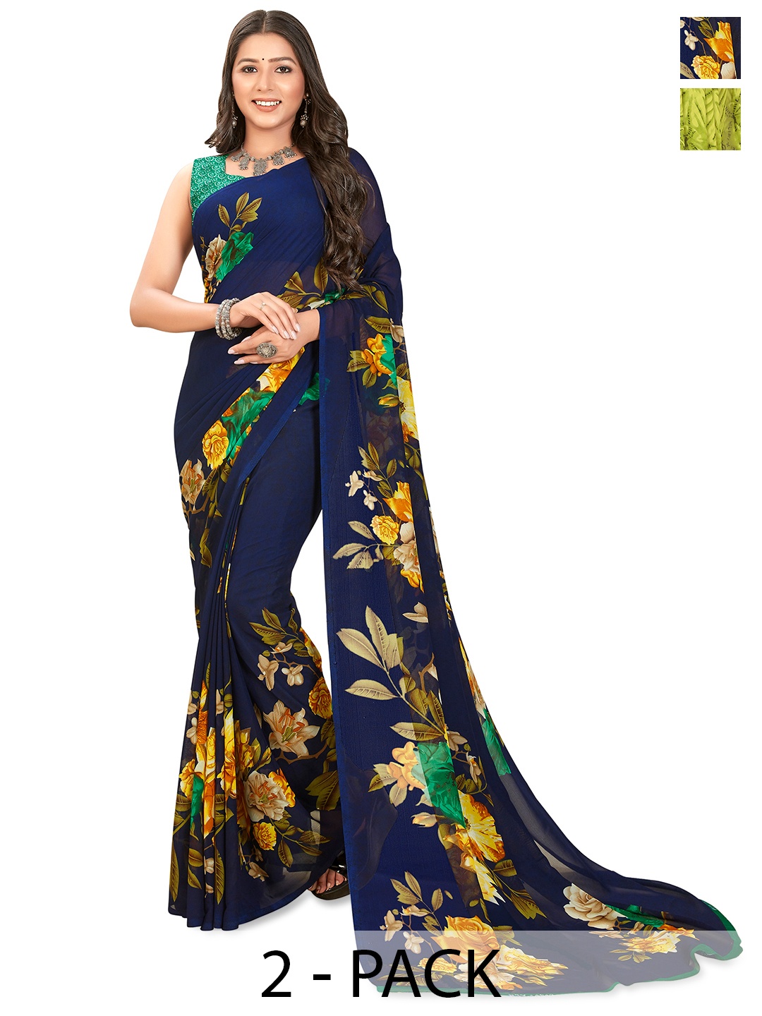 

ANAND SAREES Floral Printed 2-Pack Saree, Navy blue