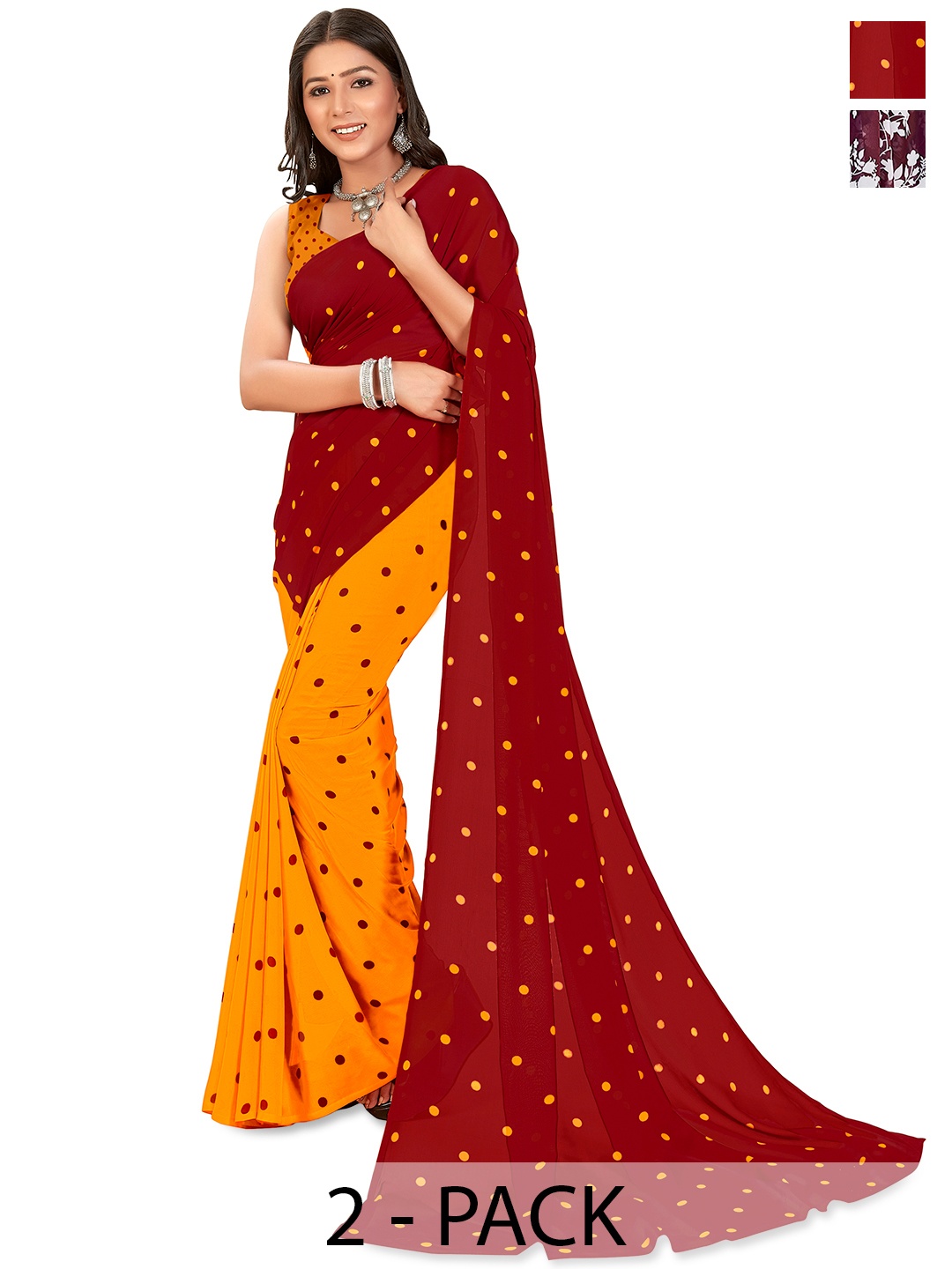 

ANAND SAREES Polka Dot 2-Pack Saree, Red