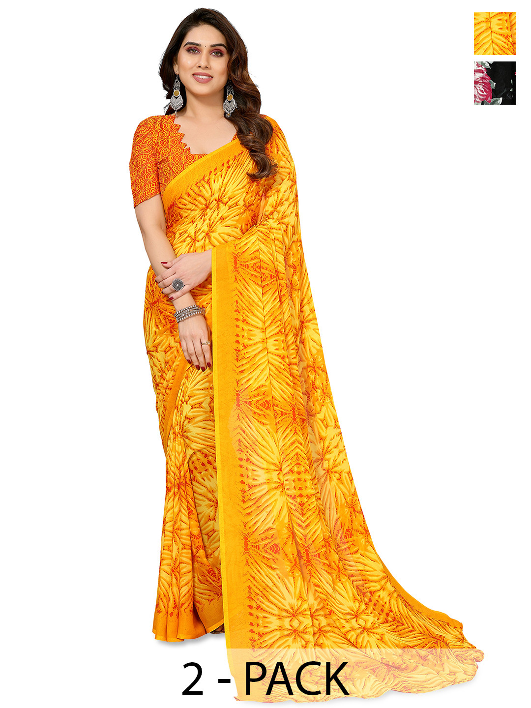 

ANAND SAREES Floral Printed 2-Pack Saree, Black